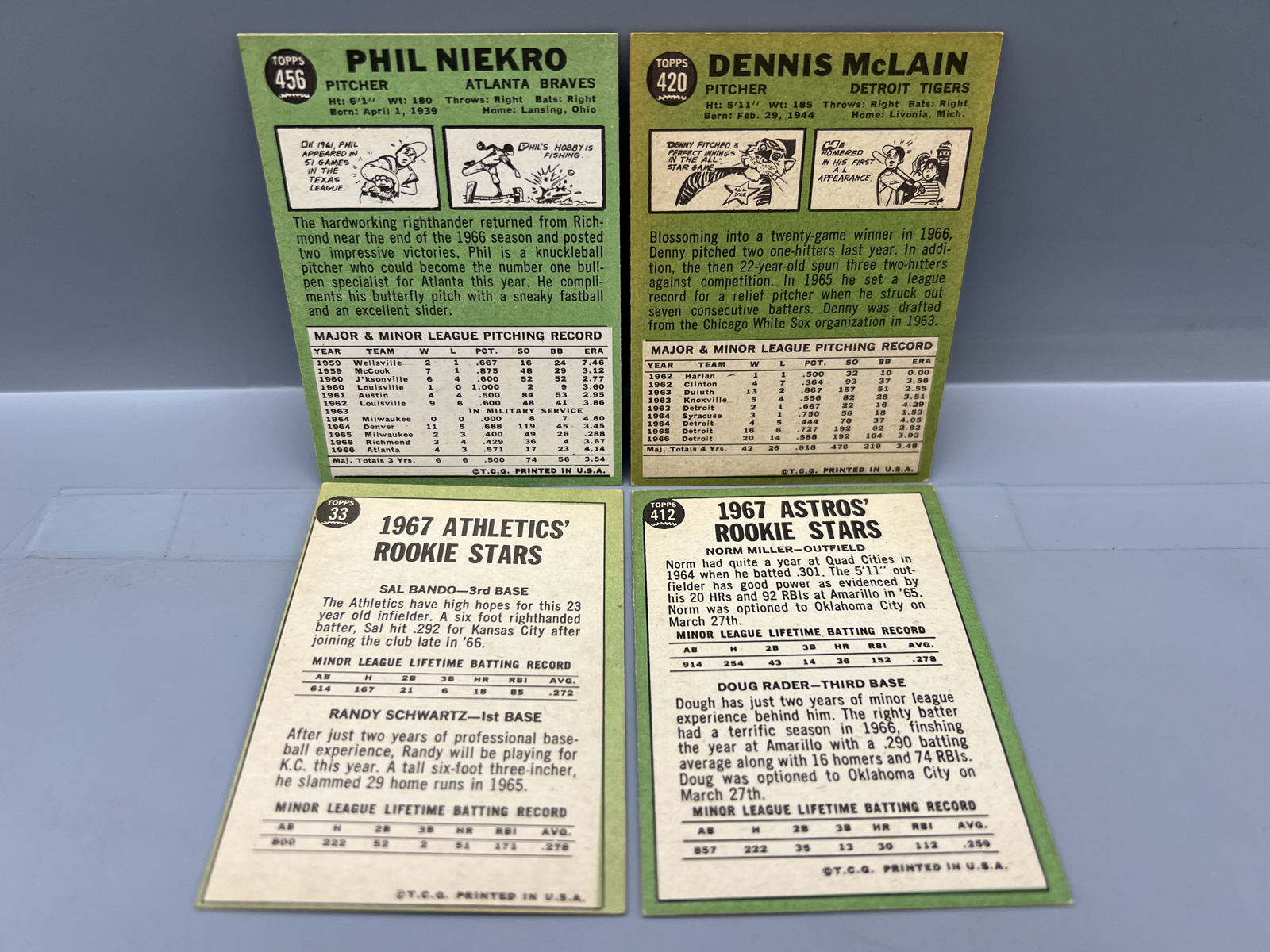 (4) 1967 Topps Star Player Baseball Cards - Phil Niekro, Sal Bando RC, Denny McLain - Varying Conditions