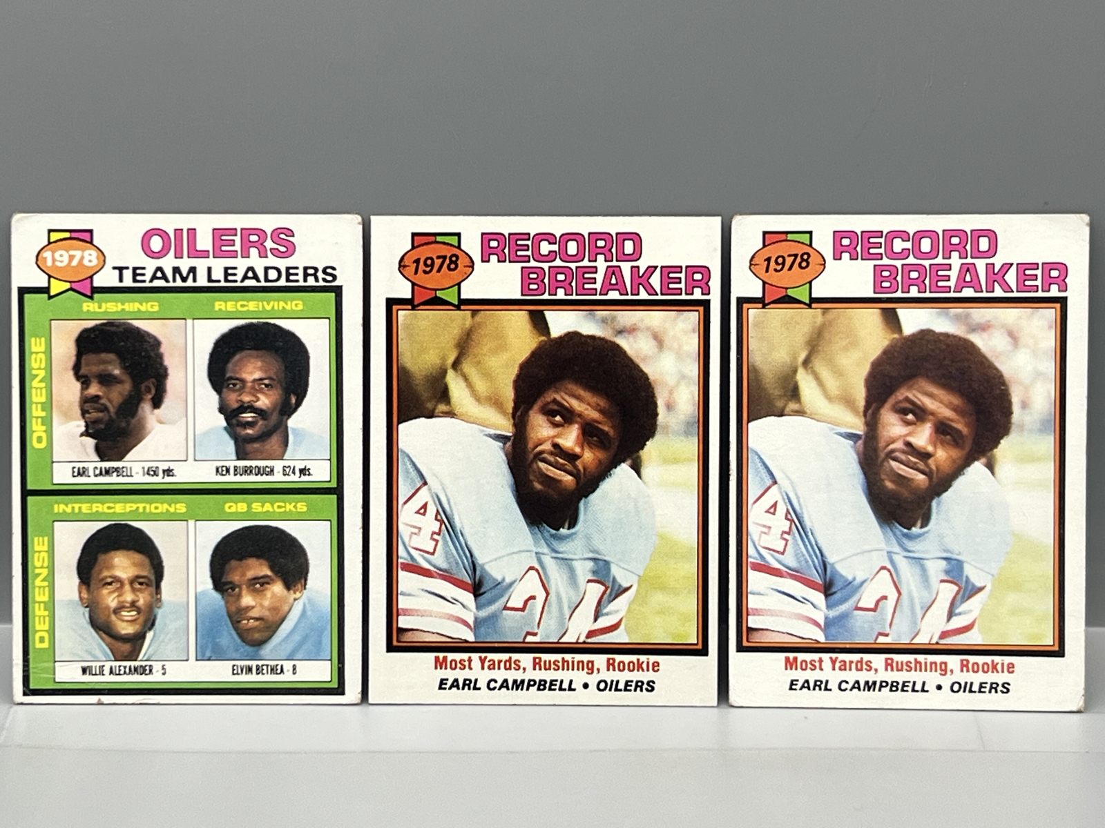 (3) 1979 Topps Earl Campbell Record Breaker & Team Leader Rookie Cards - Varying Conditions