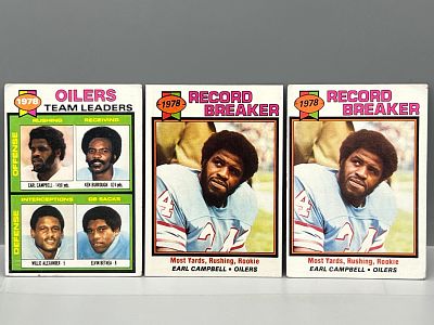 (3) 1979 Topps Earl Campbell Record Breaker & Team Leader Rookie Cards - Varying Conditions