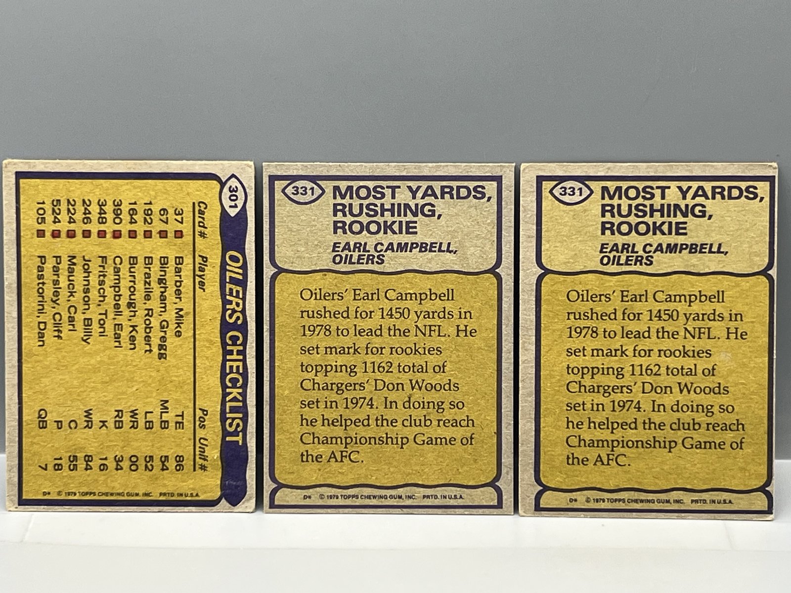 (3) 1979 Topps Earl Campbell Record Breaker & Team Leader Rookie Cards - Varying Conditions