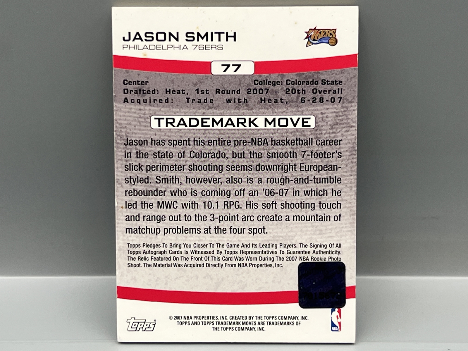 2007 Topps Trademark Moves Jason Smith Rookie Patch Auto #/10