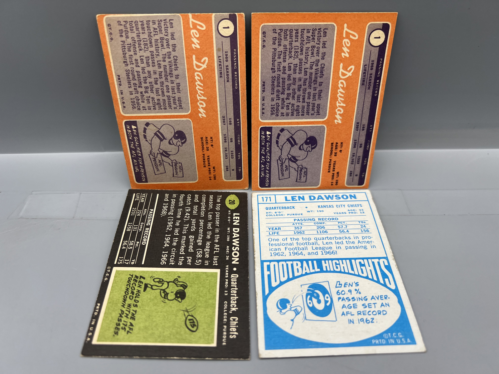 (4) 1968-70 Topps Len Dawson Football Cards - Varying Conditions