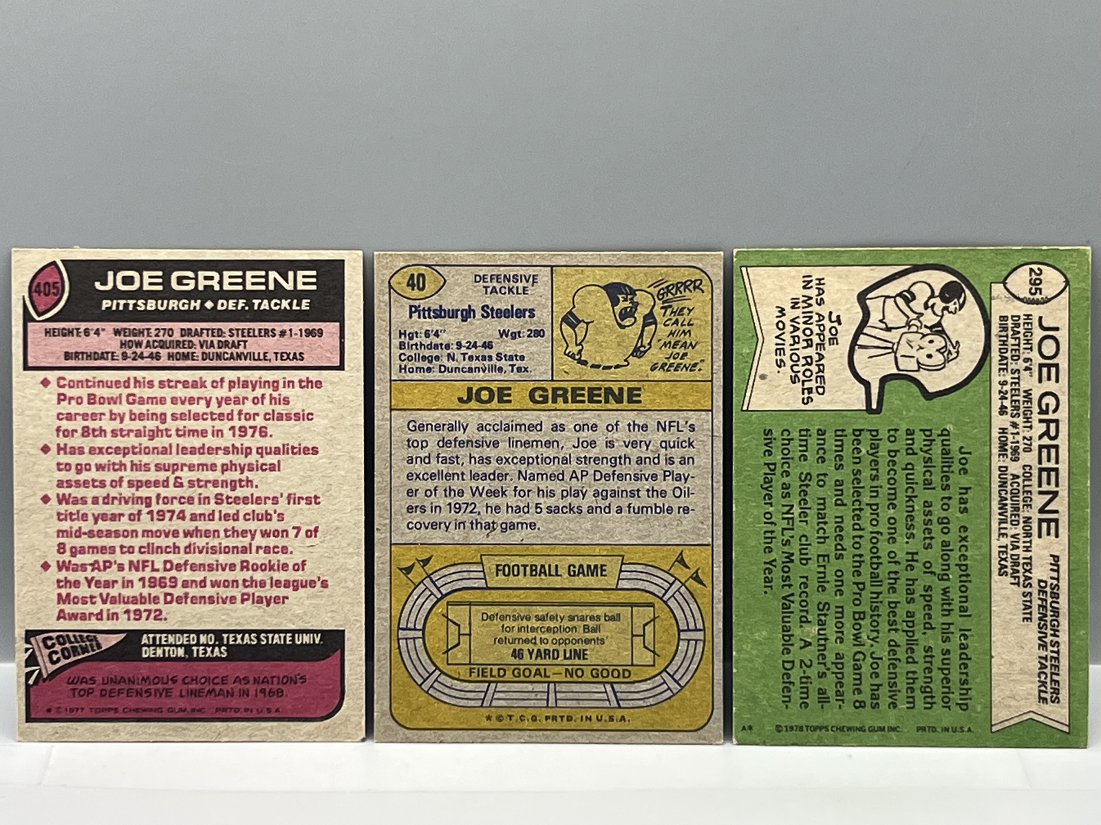 Mean Joe Greene Lot of 3 - 1974 Topps #40, 1977 Topps #405, & 1978 Topps #295