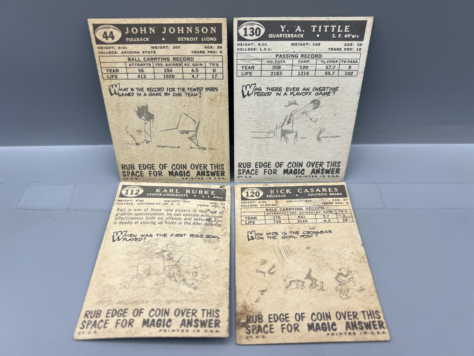 (4) 1959 Topps Football Cards W/ Y.A. Tittle - Varying Conditions