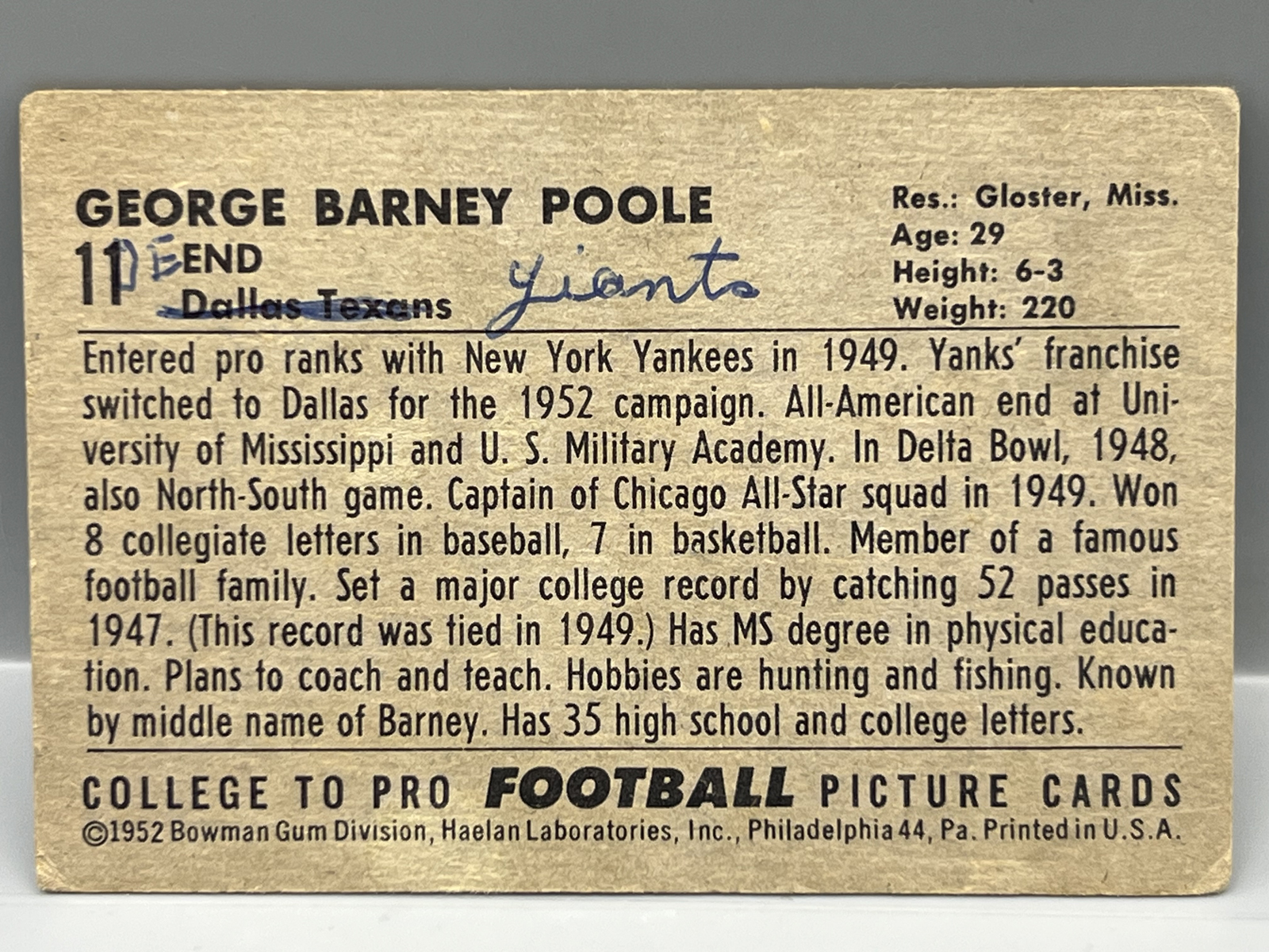 1952 Bowman Large Barney Poole #11