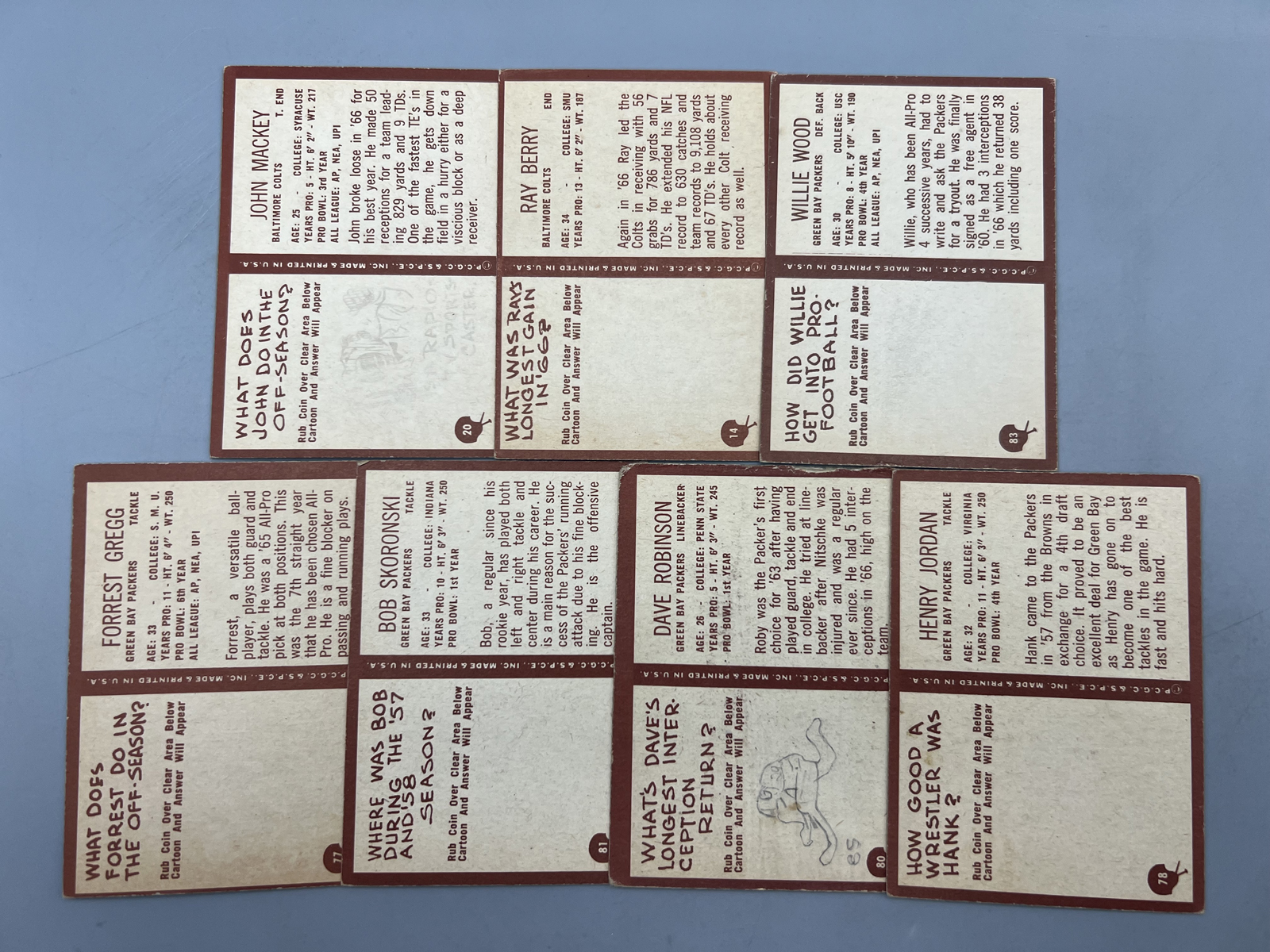 (7) 1967 Philadelphia Football Star Player Cards - Varying Conditions - Ray Berry, Dave Robinson, Willie Wood