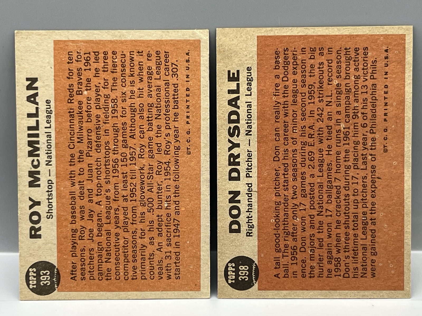 1962 Topps Don Drysdale All Star #398 & Roy McMillan All Star #393