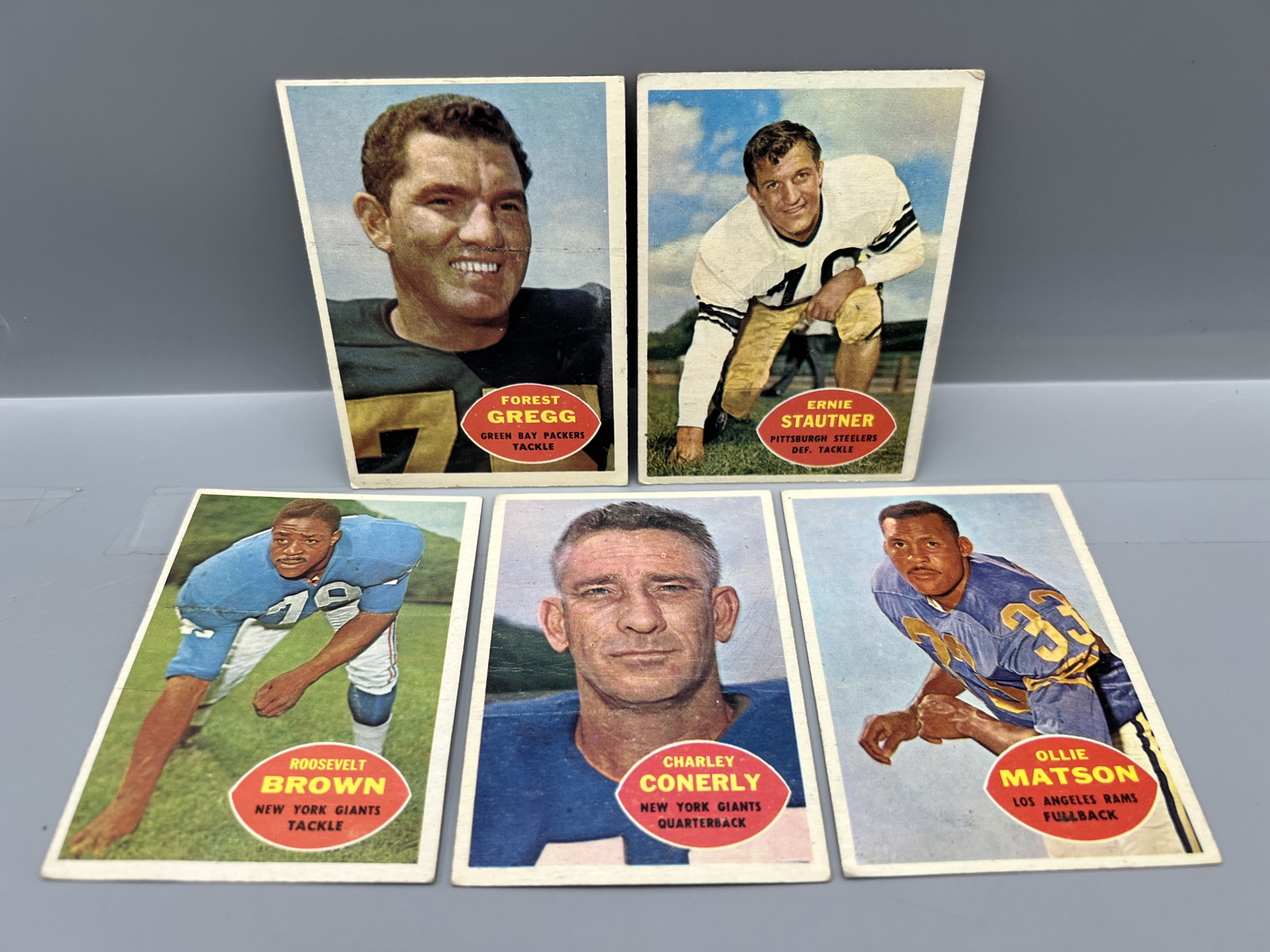 (5) 1960 Topps Football Star Player Cards - Varying Conditions - Ollie Matson, Charley Conerly, Roosevelt Brown