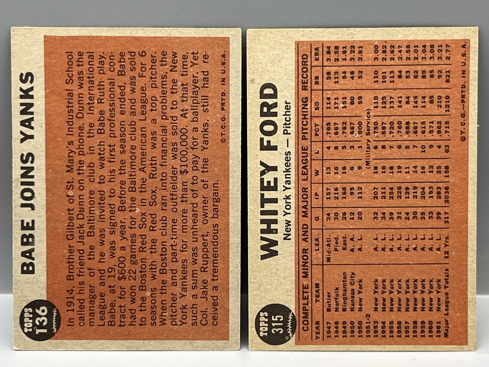 1962 Topps Babe Ruth Joins Yanks #136 & Whitey Ford Tosses A Curve #315