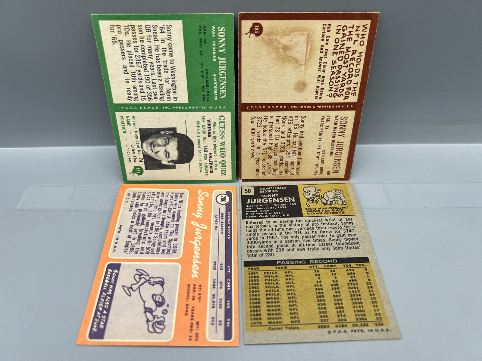 (4) 1960s & 70s Sonny Jurgensen Football Cards - Varying Conditions