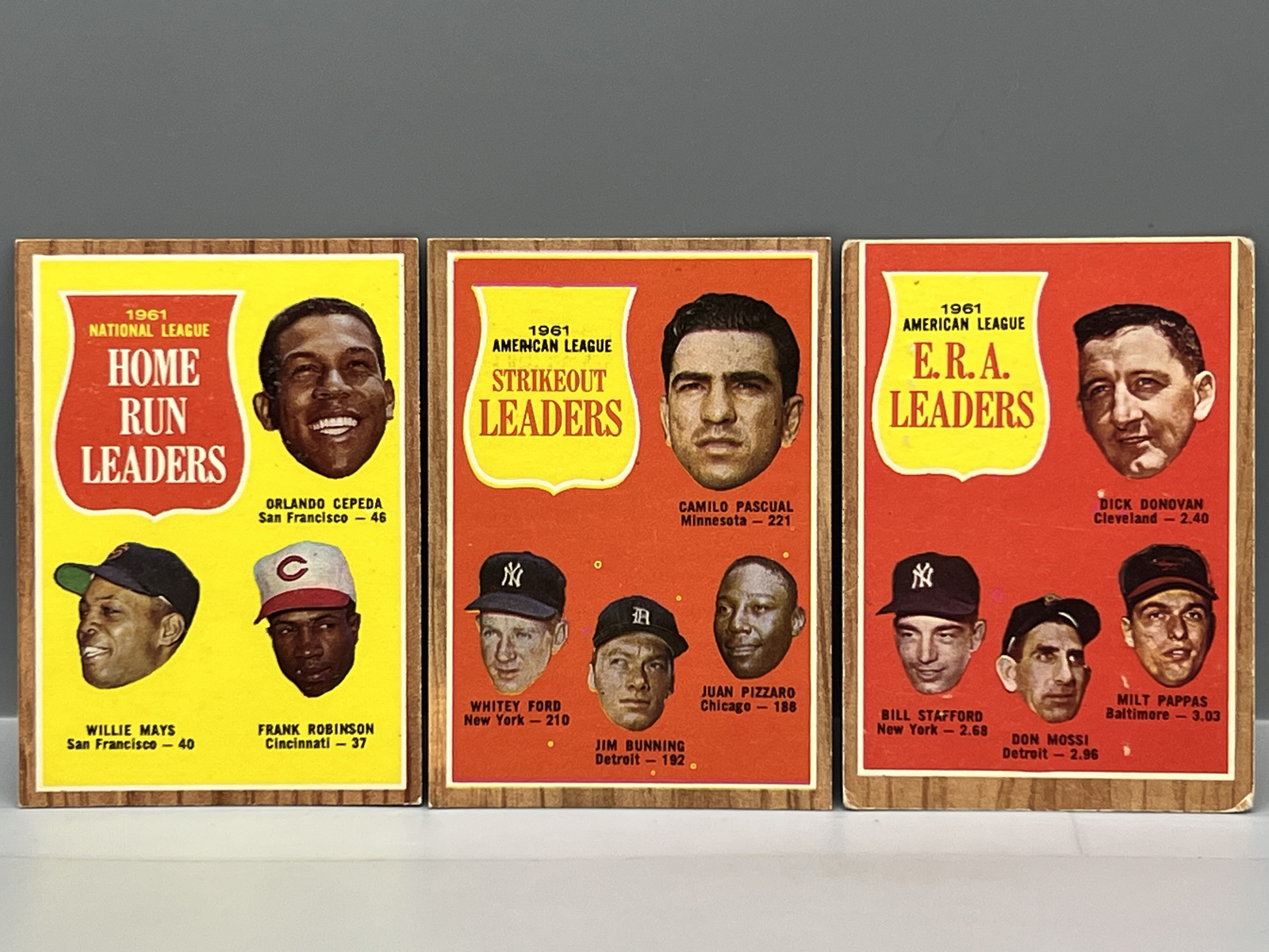 (3) 1962 Topps Baseball Leader Cards W/ Stars - Varying Conditions - Willie Mays, Frank Robinson, Orlando Cepeda, Whitey Ford, Jim Bunning