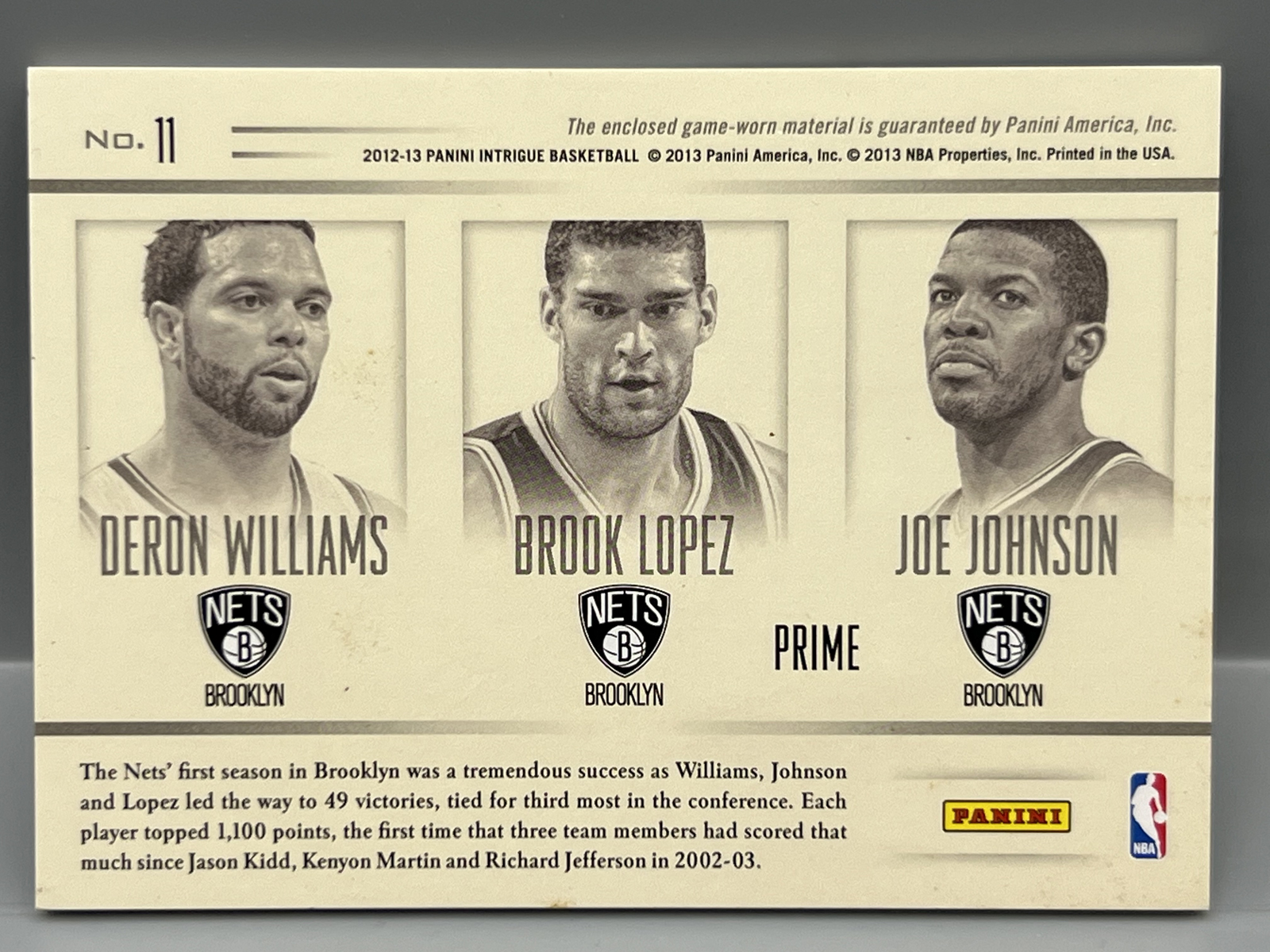 2012-13 Panini Intrigue Terrific Trios Deron Williams/Brook Lopez/Joe Johnson Triple Prime Game Used Patch #/10