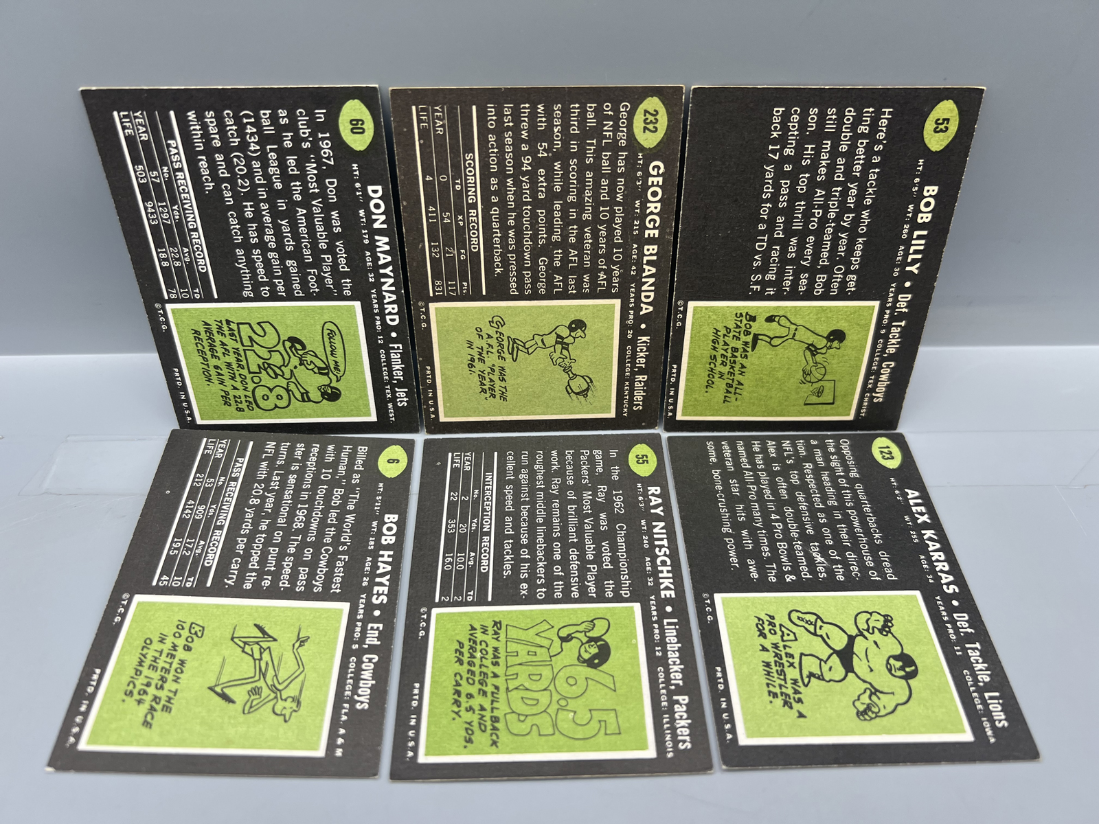 (6) 1969 Topps Football Star Player Cards - Varying Conditions - Bob Lilly, Don Maynard, George Blanda