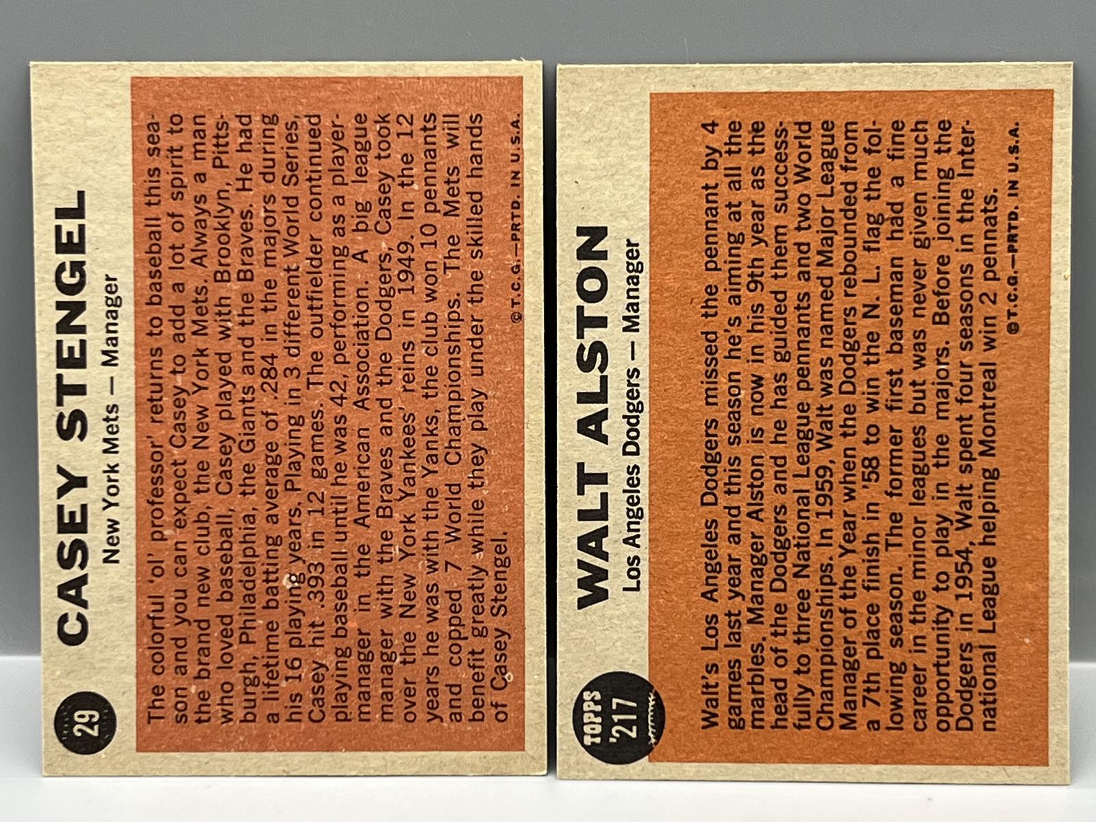 1962 Topps Casey Stengel #29 & Walt Alston #217