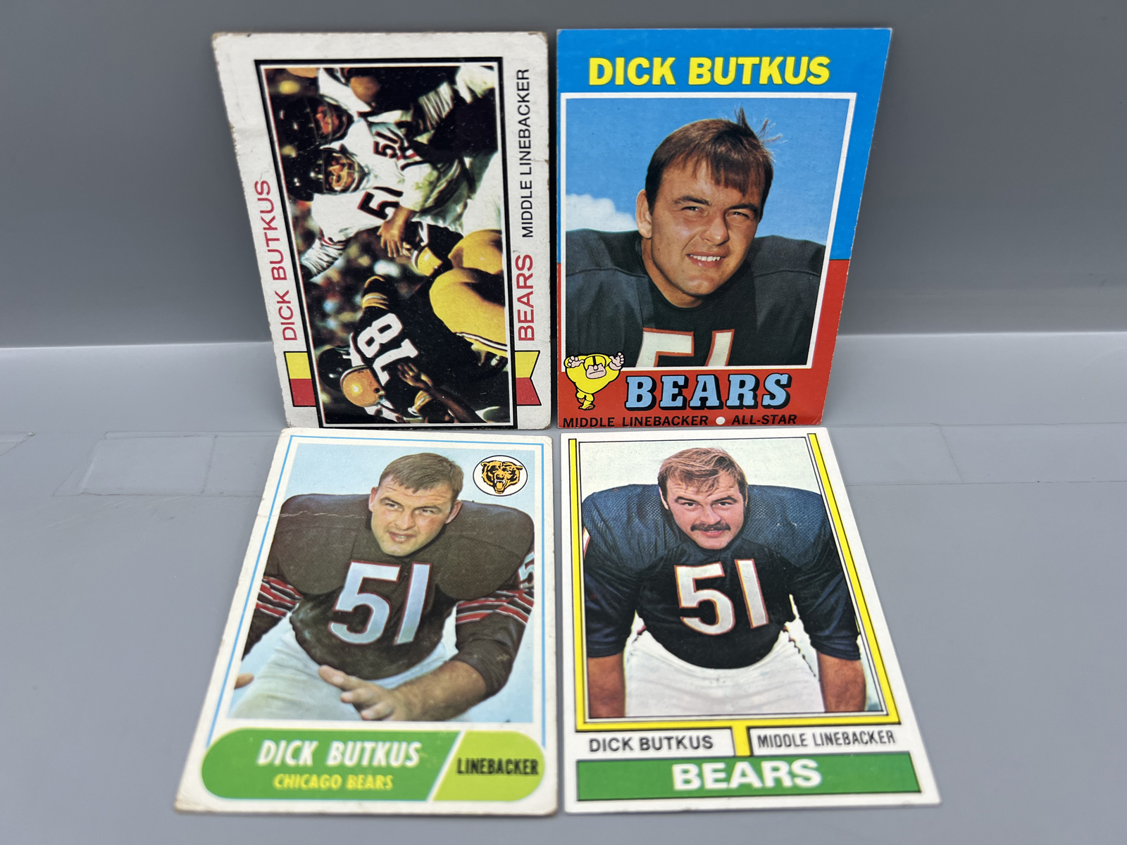 (4) 1968-74 Topps Dick Butkus Football Cards - Varying Conditions