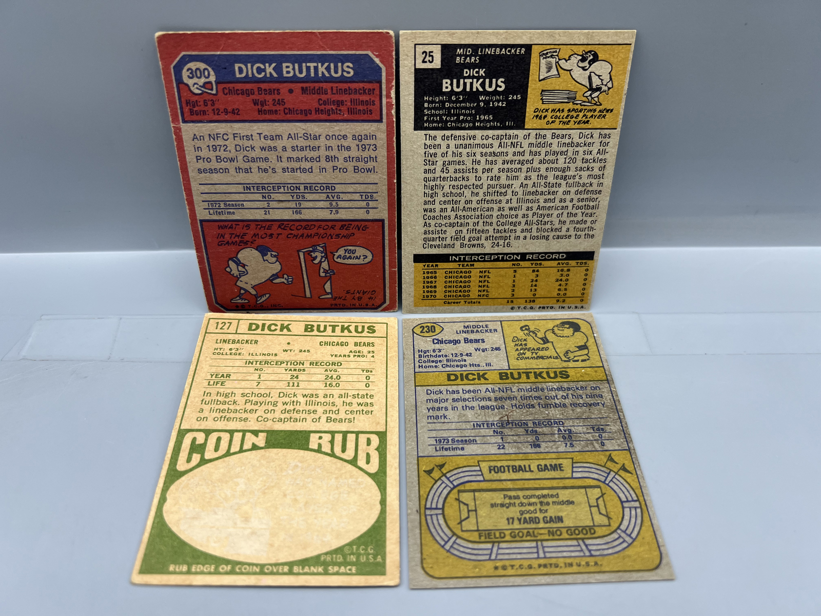 (4) 1968-74 Topps Dick Butkus Football Cards - Varying Conditions