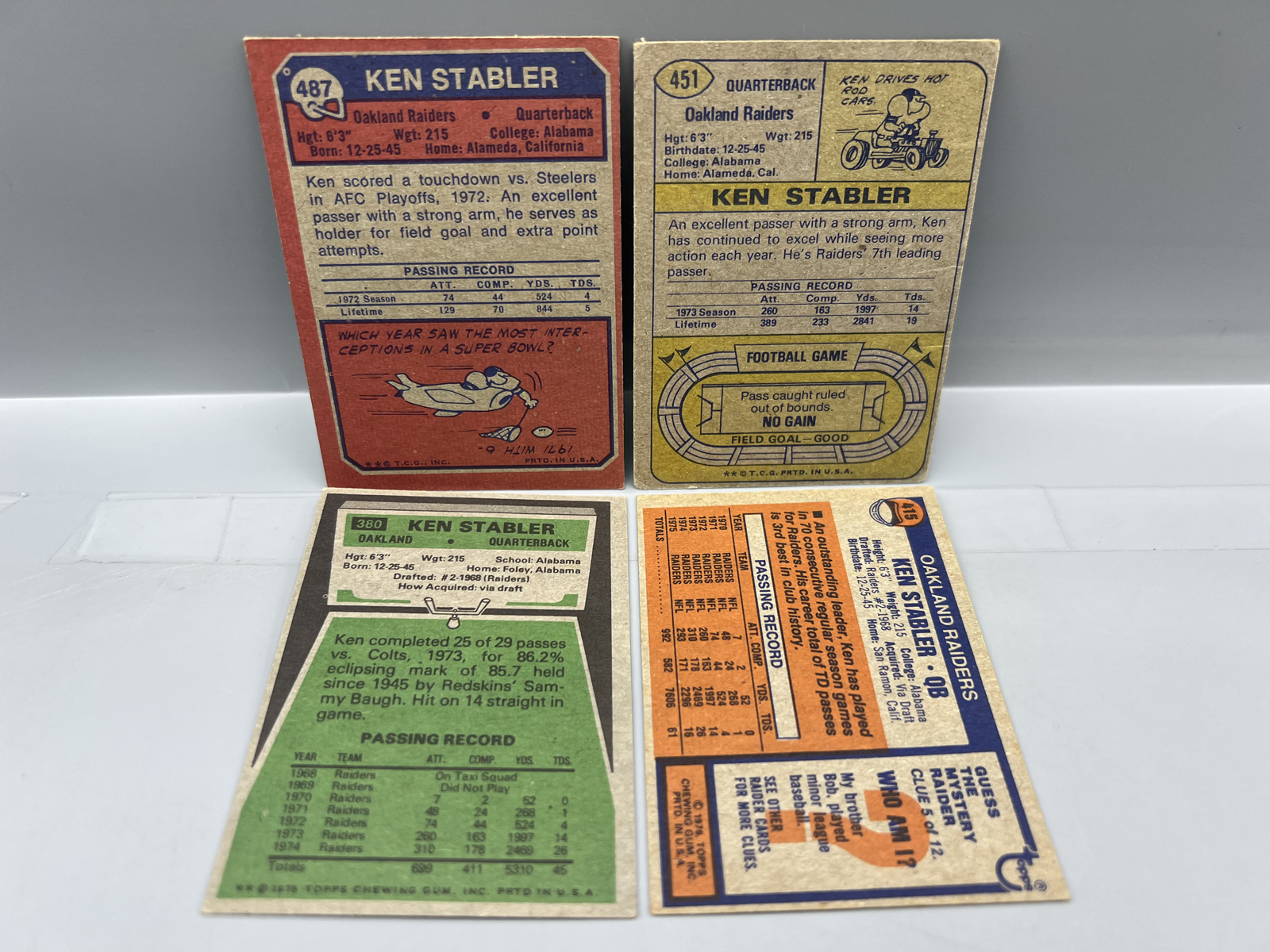 (4) 1970s Topps Ken Stabler Football Cards W/ RC - Varying Conditions