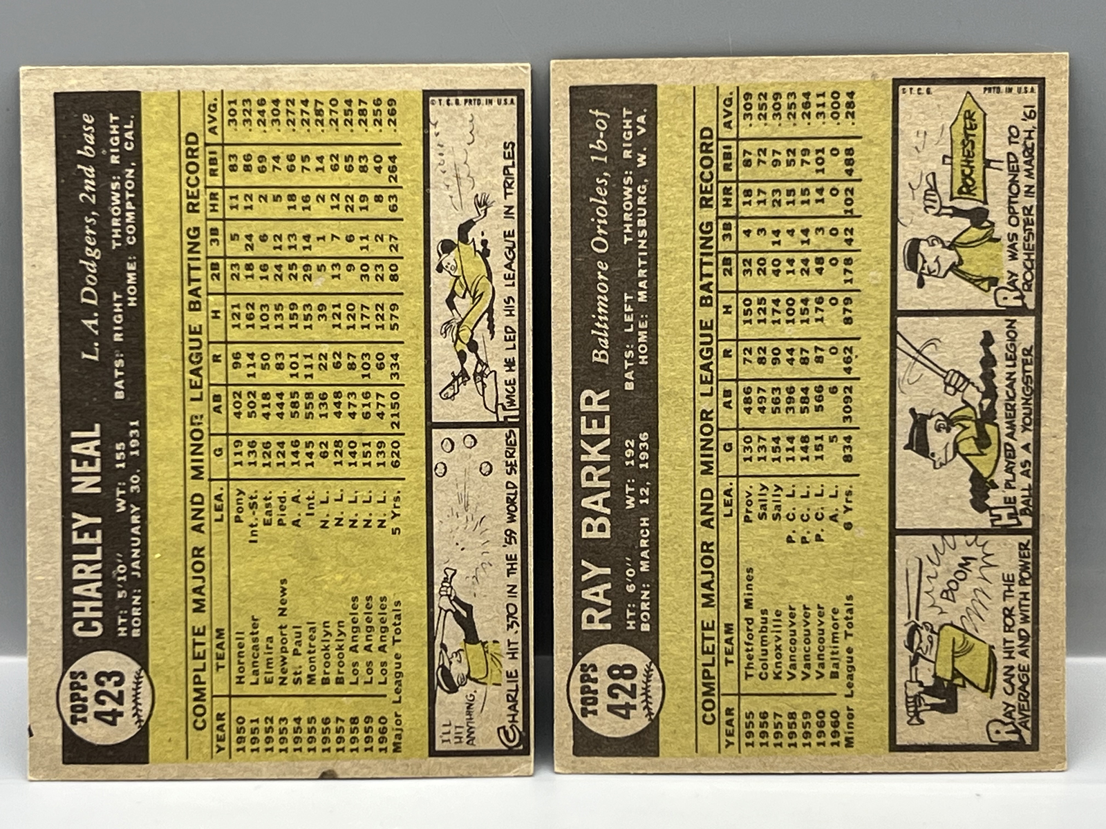 1961 Topps Charley Neal SP #423 & Ray Barker SP RC #428