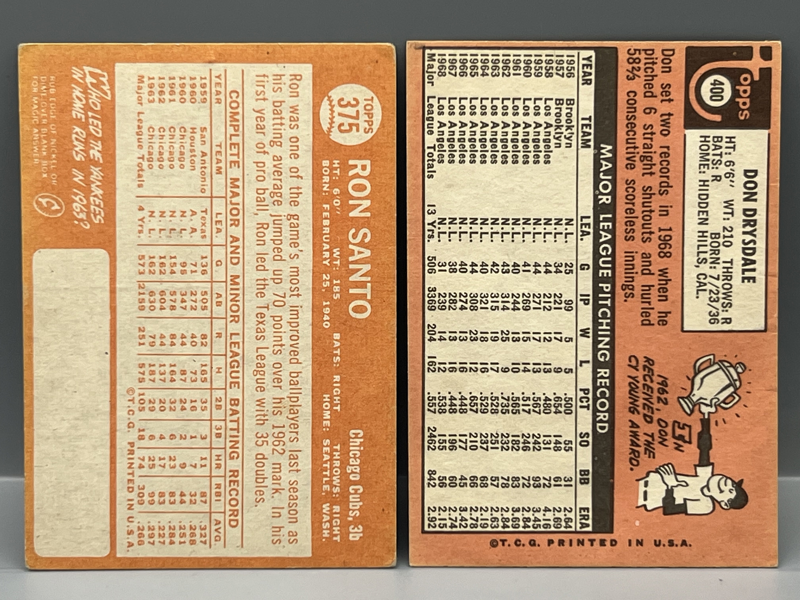 1964 Topps Ron Santo #375 & 1969 Topps Don Drysdale #400