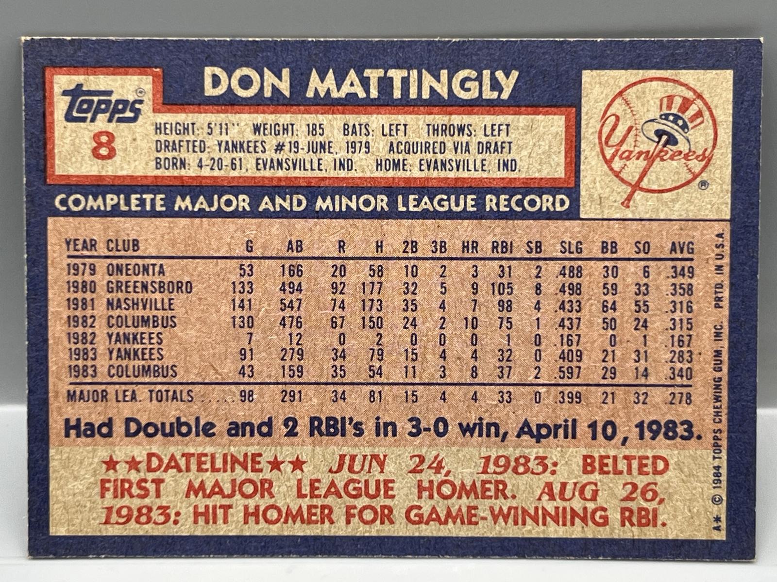 1984 Topps Don Mattingly RC #8