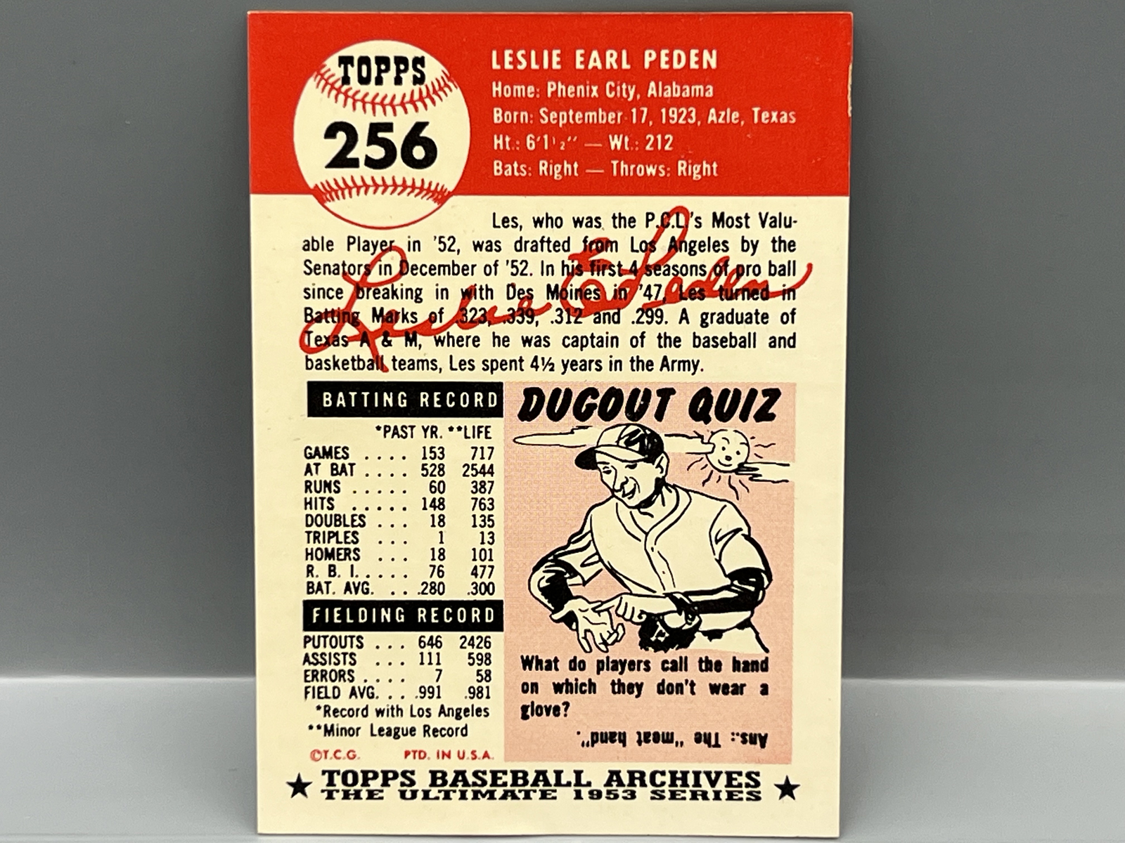 1991 Topps Baseball 1953 Archives Les Peden Auto #256 - No COA - Authentication has not been independently verified by a recognized third-pa