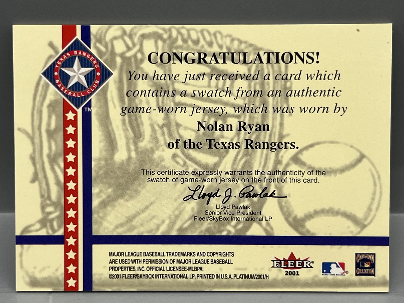 2001 Fleer Platinum Nolan Ryan National Patch Time Game Used Jersey Relic