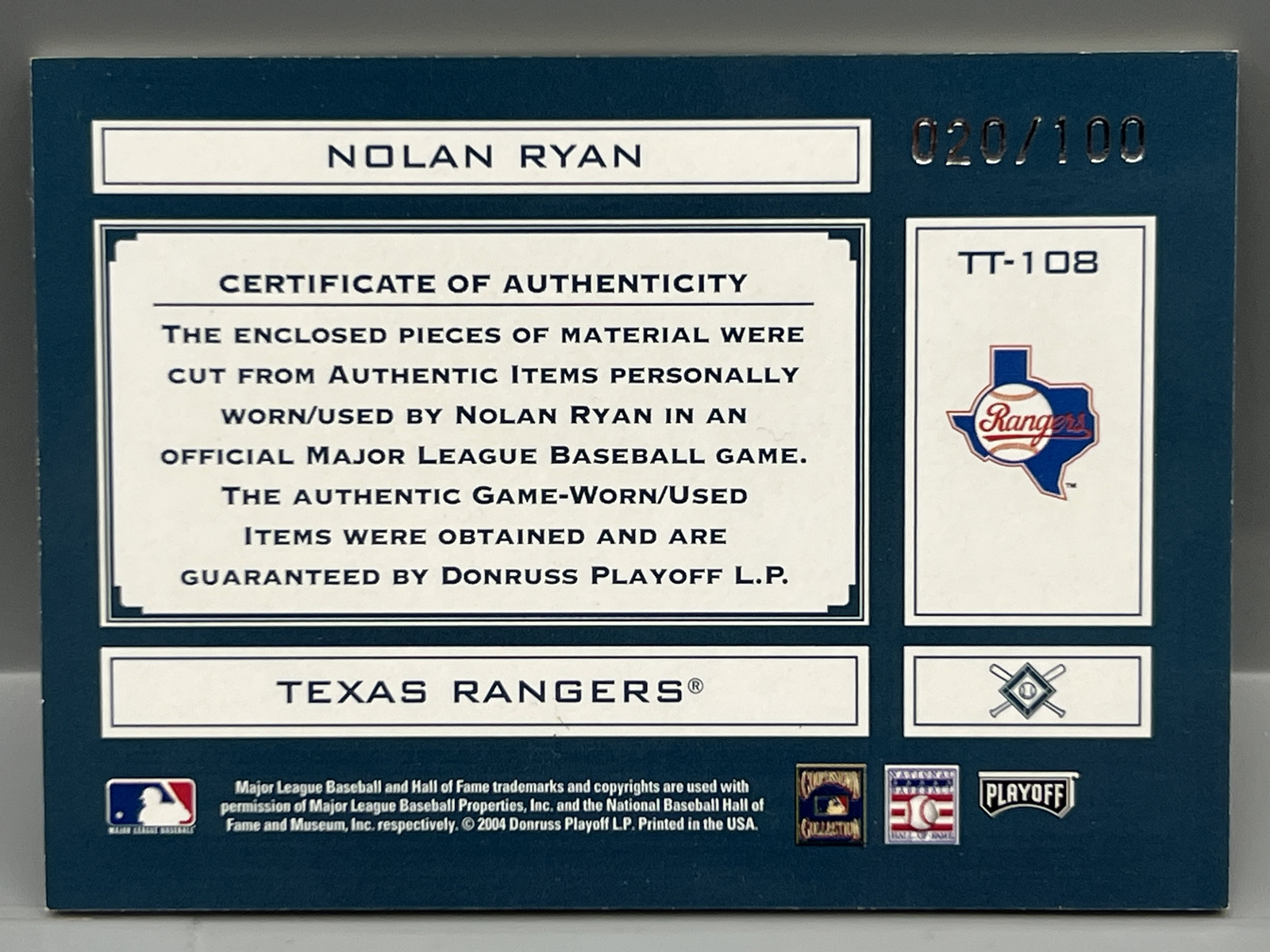2004 Playoff Absolute Memorabilia Nolan Ryan Tools of The Trade Triple Game Used Relic #/100