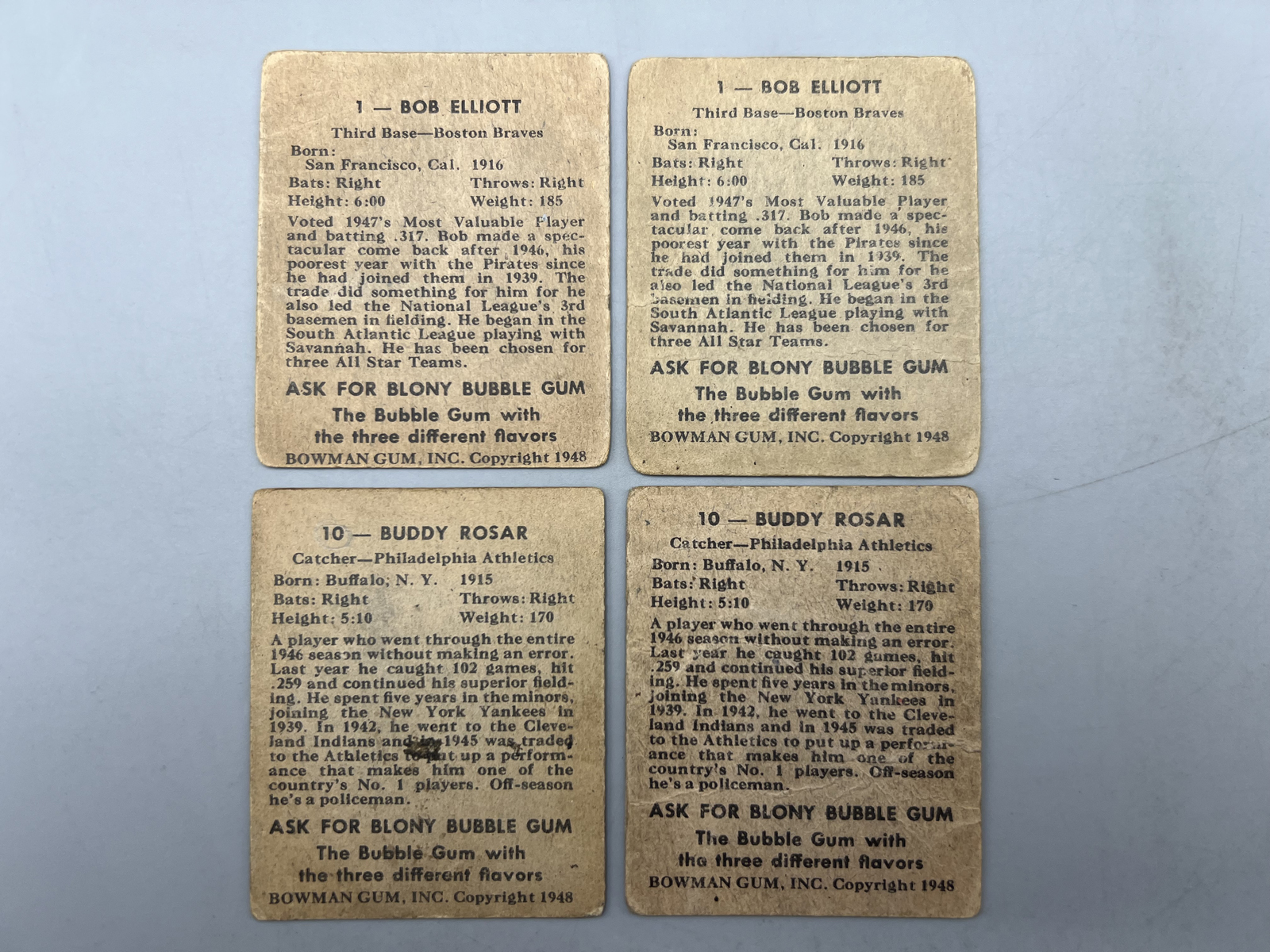 (2) 1948 Bowman Bob Elliott RCs #1 & (2) 1948 Bowman Buddy Rosar RCs #10