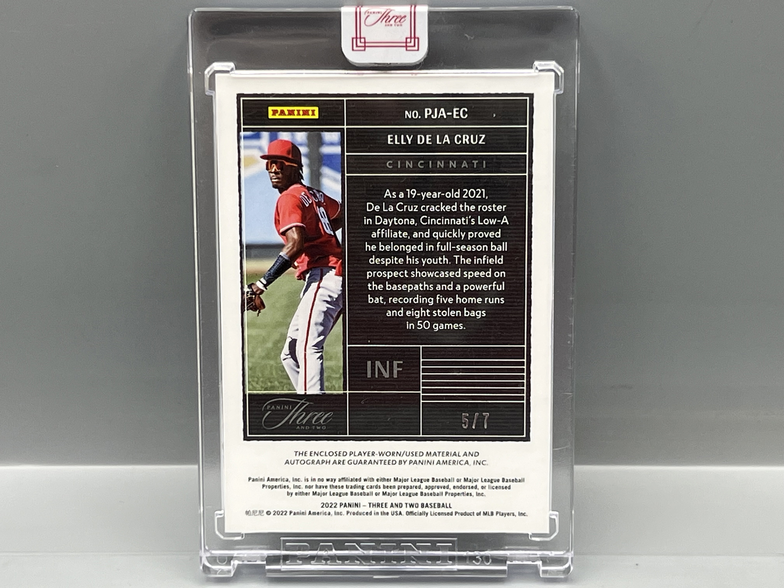 2022 Panini Three And Two Elly De La Cruz Player Worn Three Color Rookie Patch Auto #5/7 - Sealed From Panini