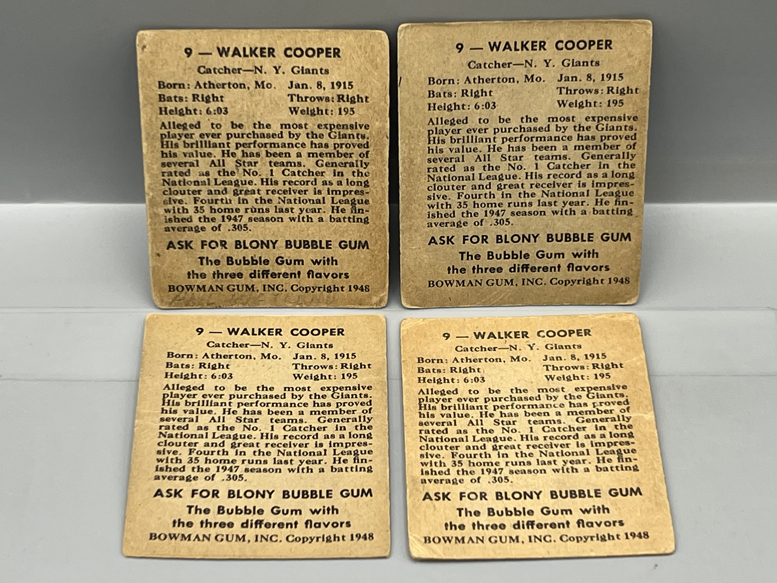 (4) 1948 Bowman Walker Cooper RCs #9 - Lower grade condition