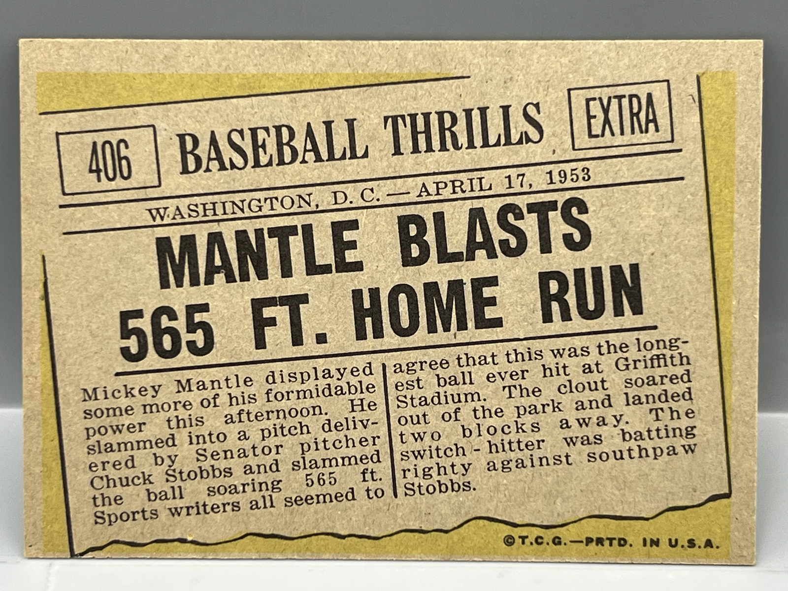 1961 Topps Baseball Thrills Mickey Mantle Blasts 565 Ft. Home Run #406