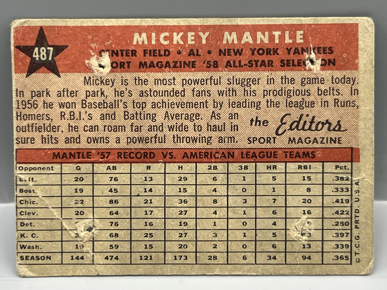 1958 Topps Mickey Mantle All Star #487