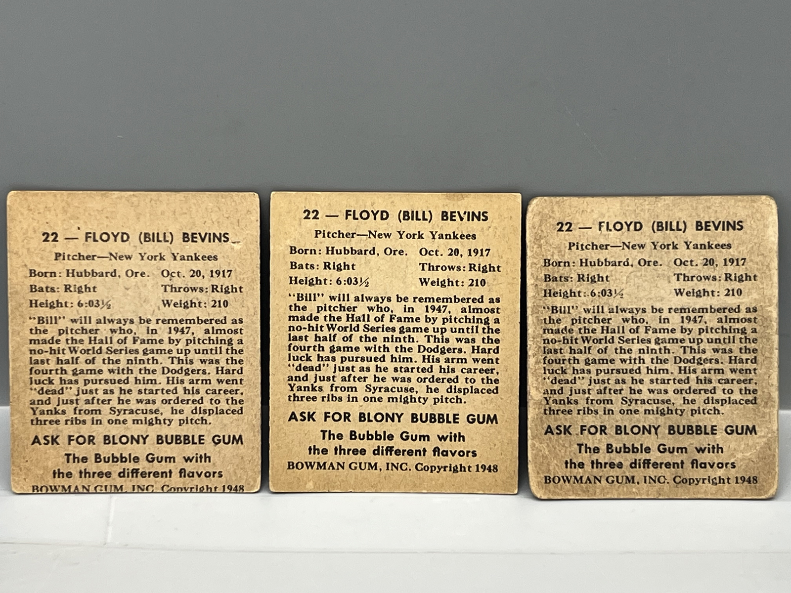 (3) 1948 Bowman Floyd (Bill) Bevins SP RCs #22
