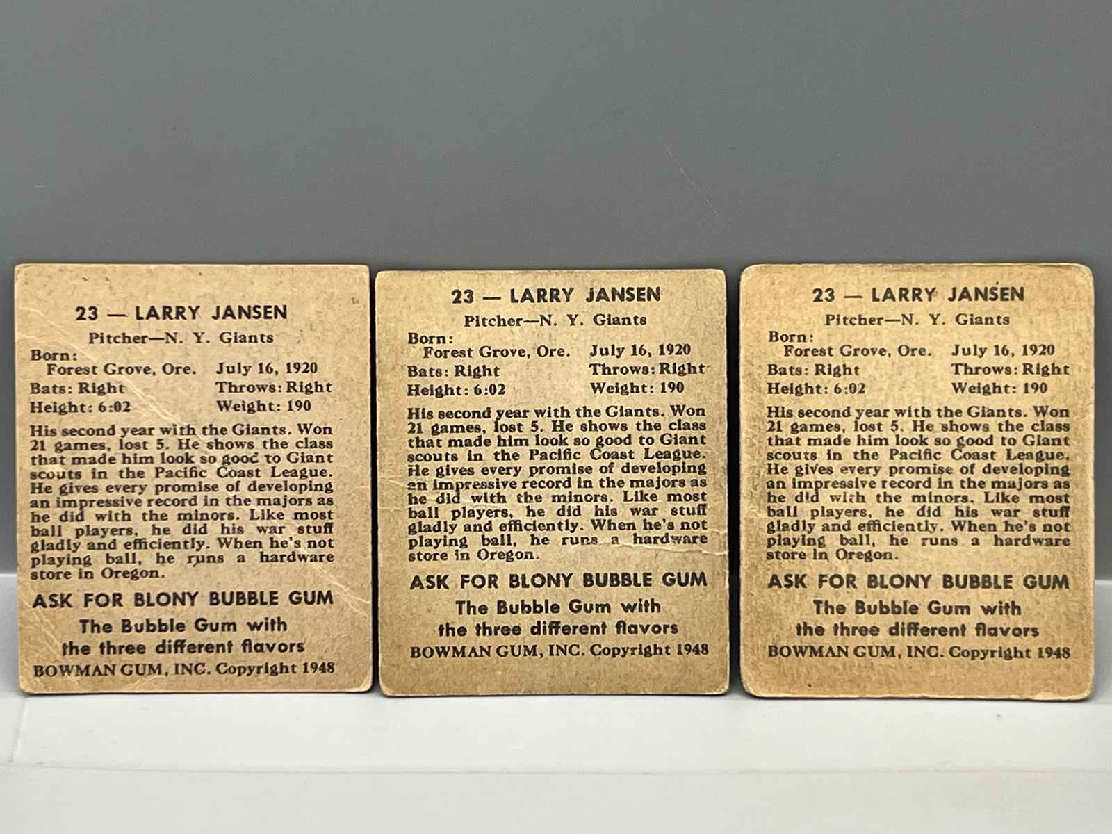 (3) 1948 Bowman Larry Jansen RCs #23