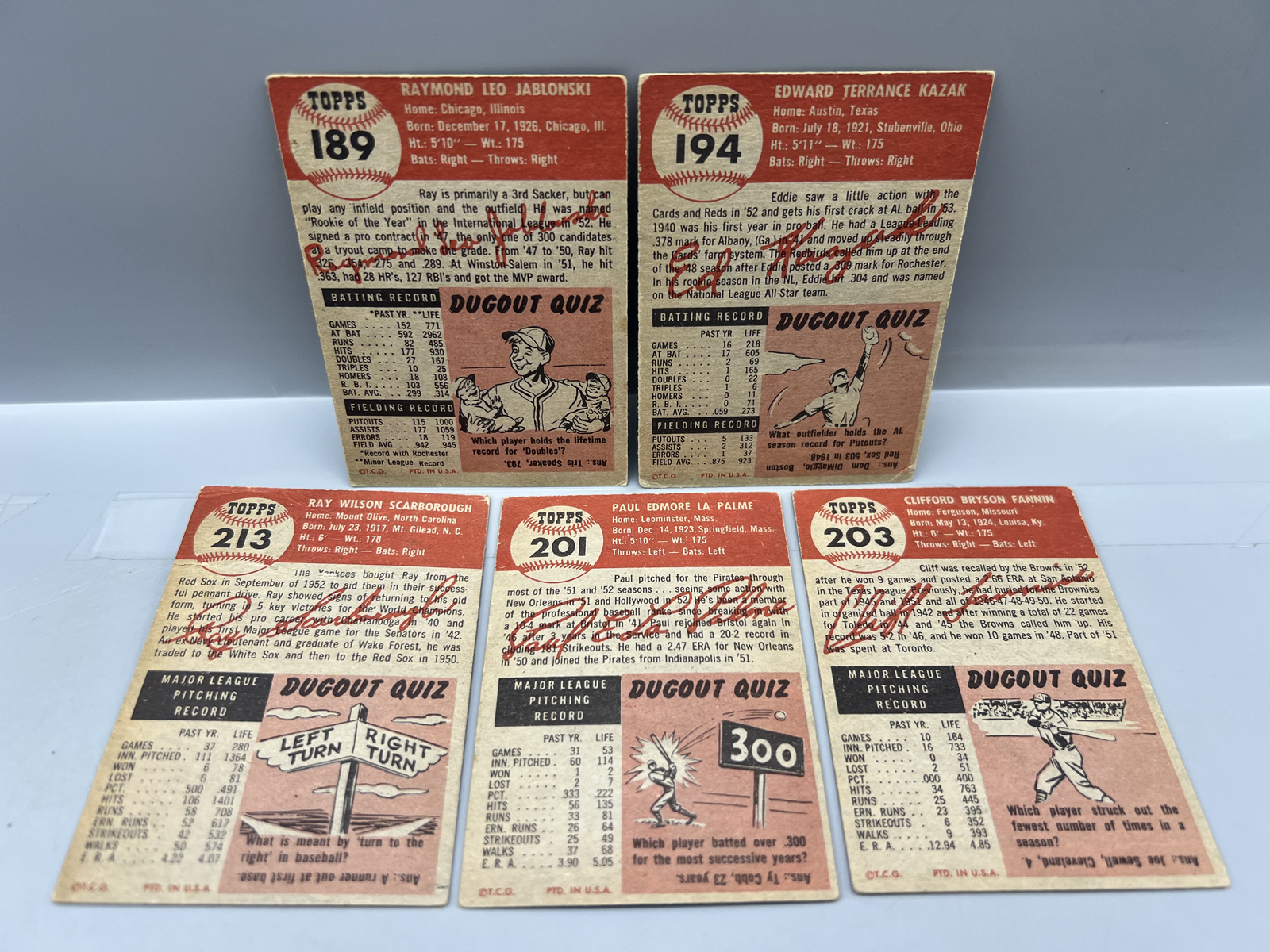 (5) 1953 Topps Baseball Cards - Varying Conditions