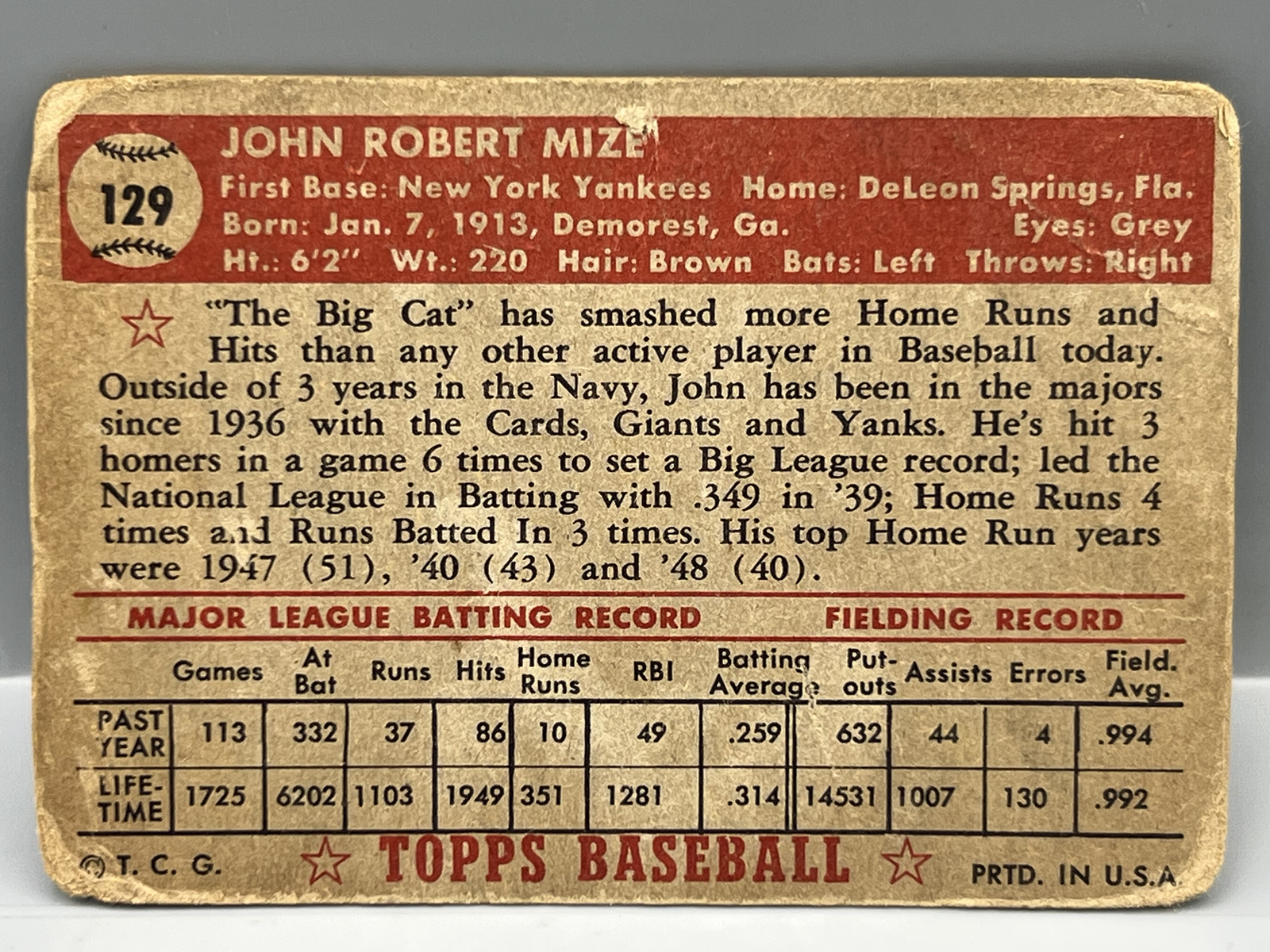 1952 Topps Johnny Mize #129