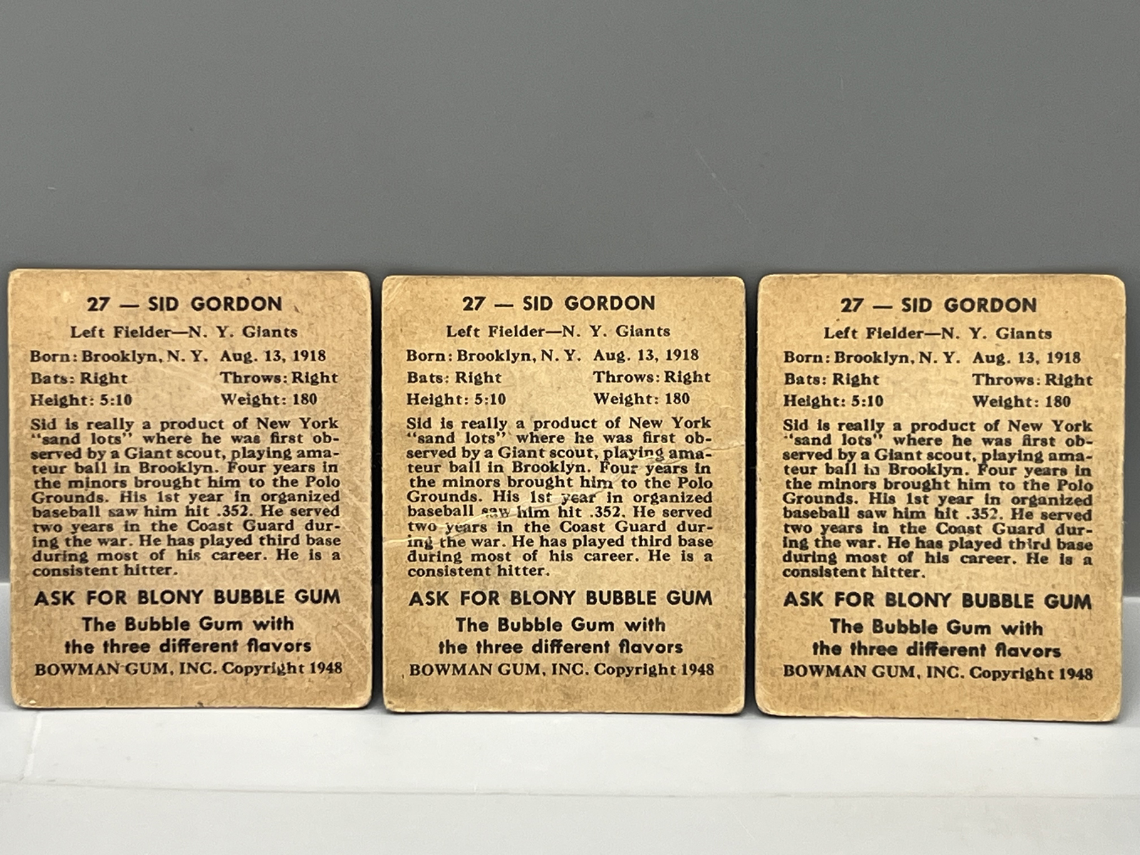 (3) 1948 Bowman Sid Gordon RCs #27