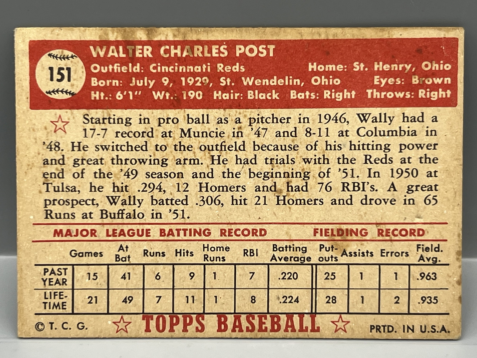 1952 Topps Wally Post RC #151