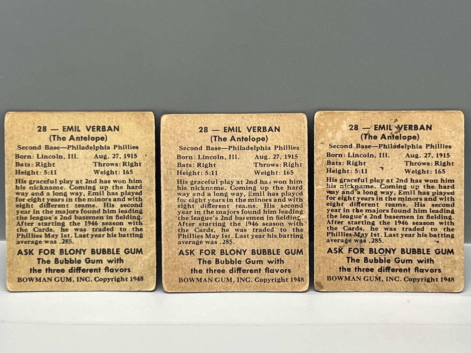 (3) 1948 Bowman Emil Verban SP RCs #28