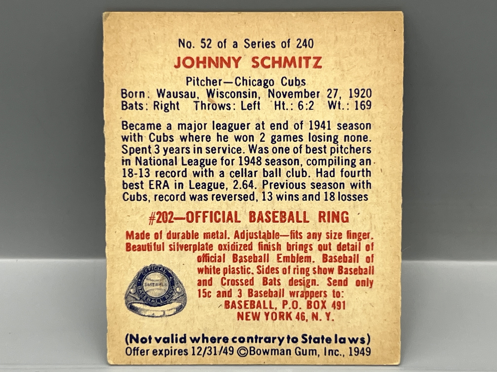 1949 Bowman Johnny Schmitz #52