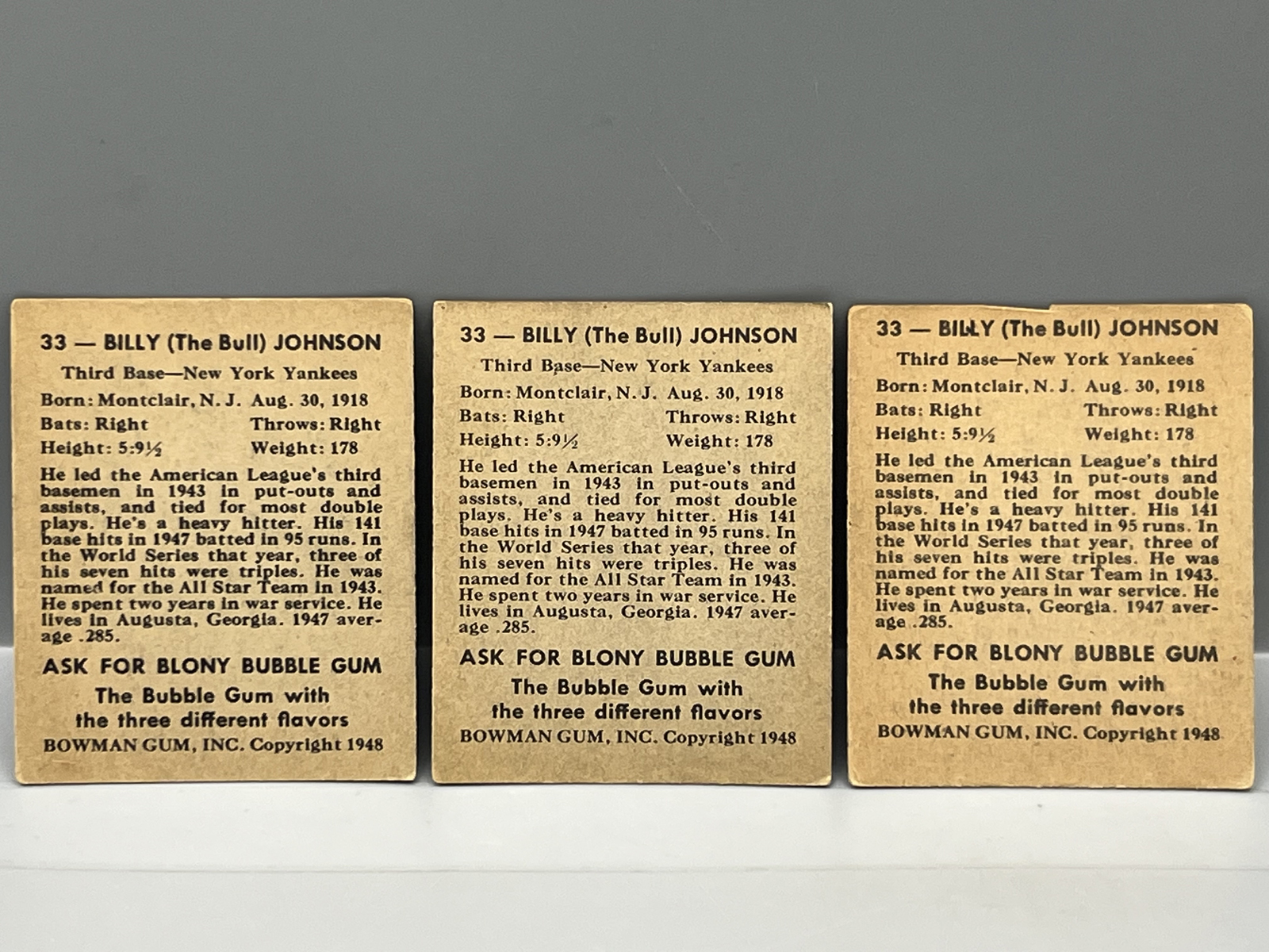 (3) 1948 Bowman Billy Johnson RCs #33