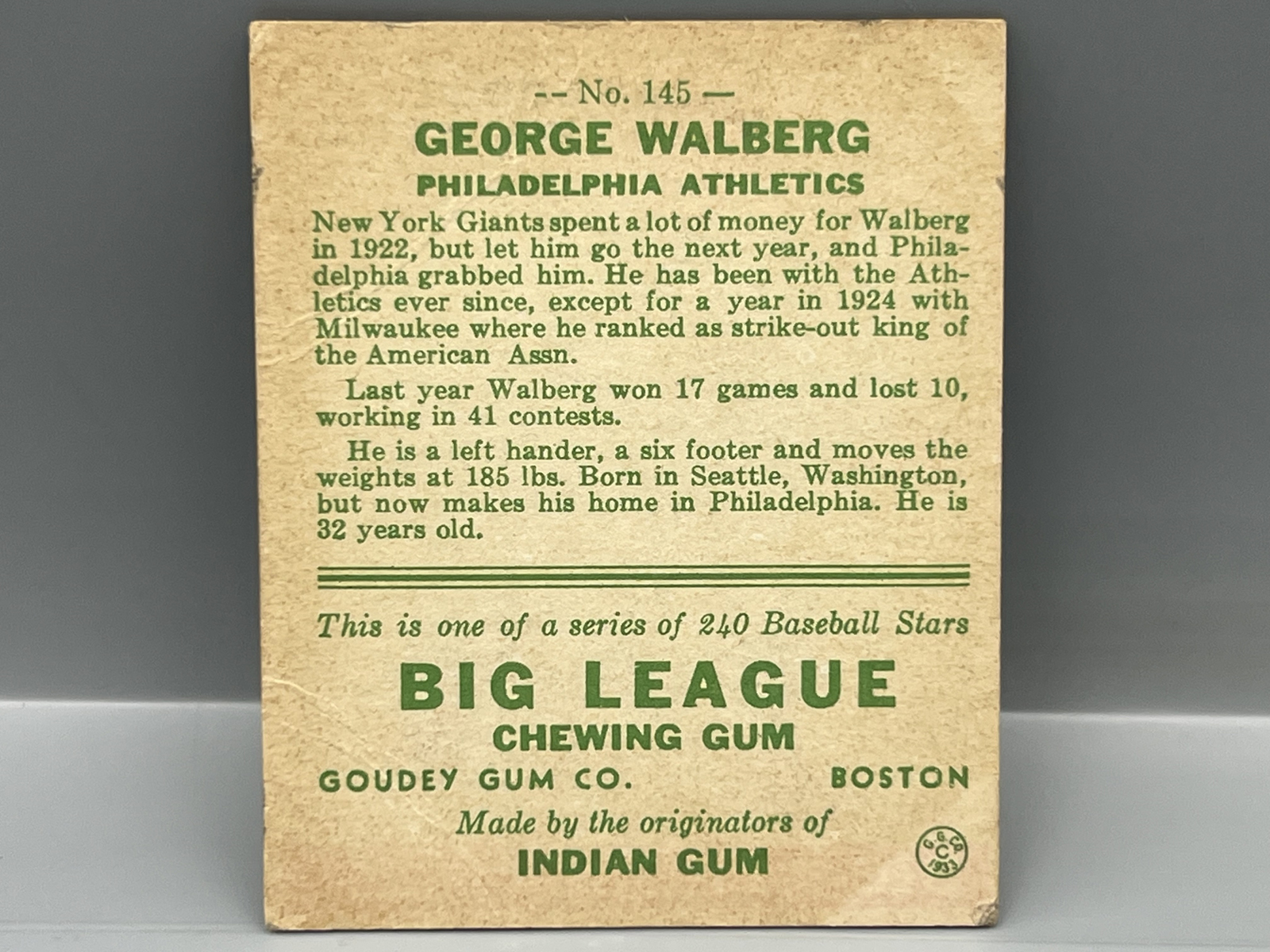 1933 Goudey George Walberg #145