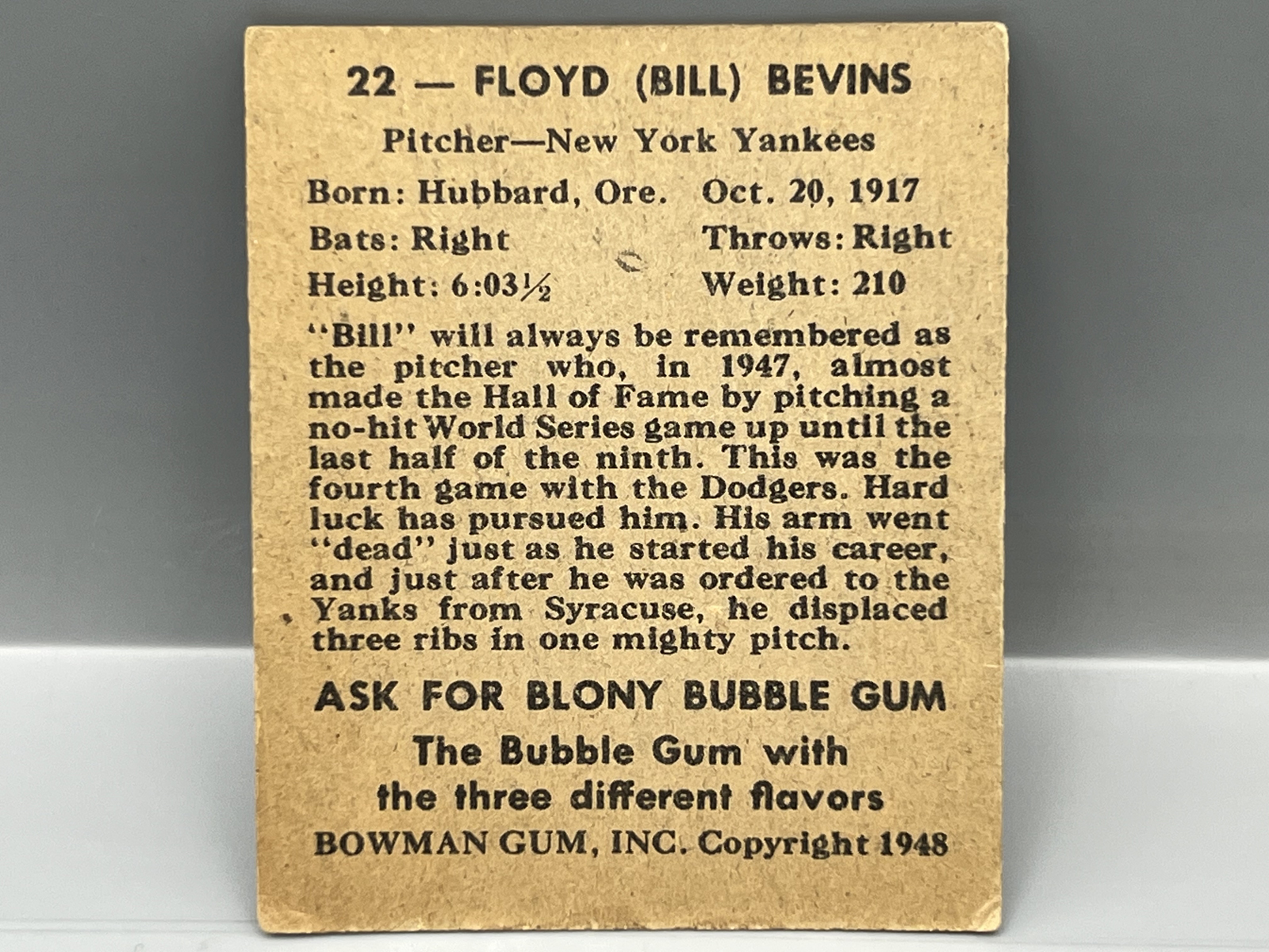 1948 Bowman Floyd (Bill) Bevins SP RC #22