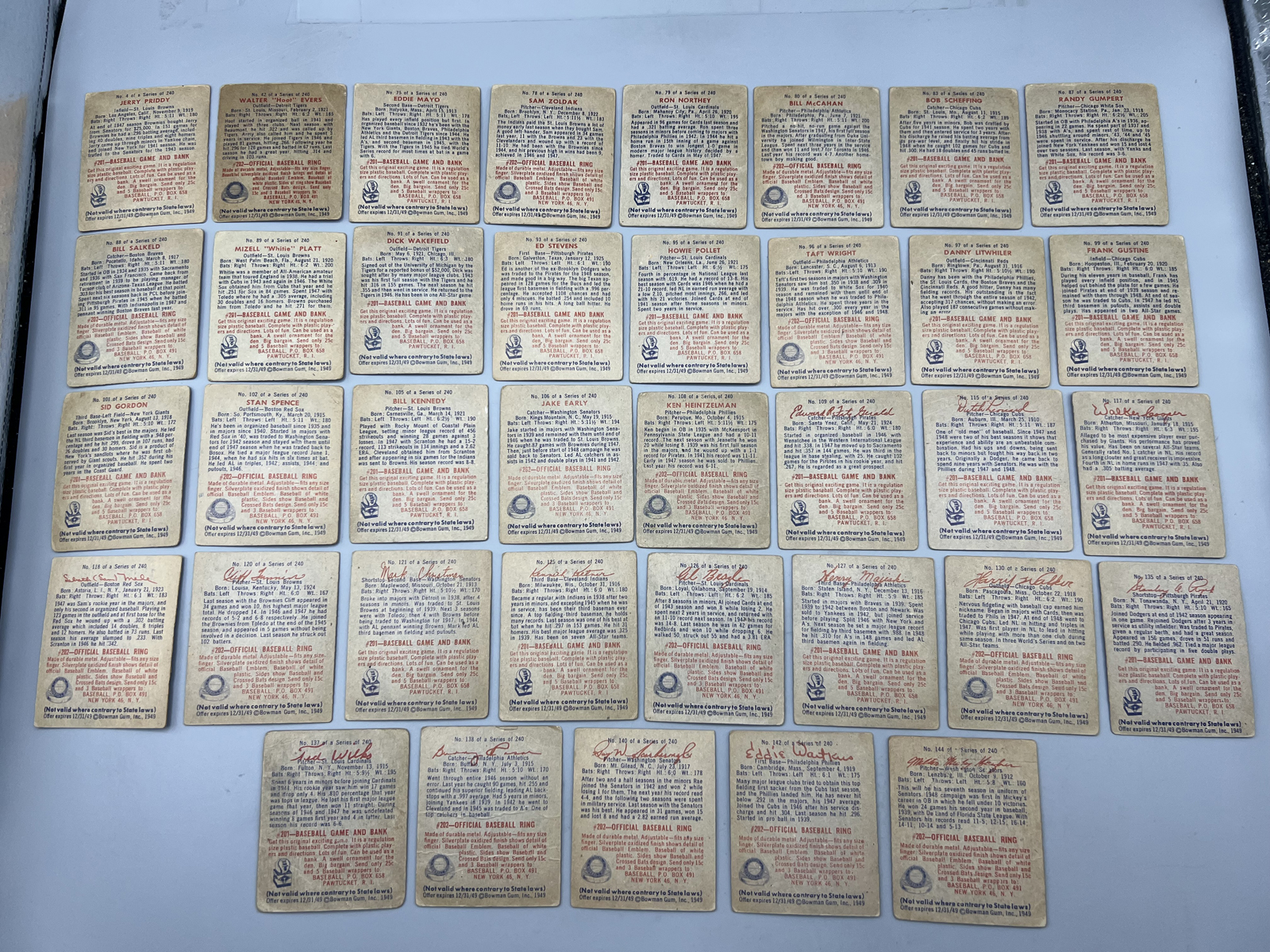 (37 Card) 1949 Bowman Baseball Partial Set W/ Many Mid Series Number Cards - Most Cards Appear To Be Lower Grade With Some Exceptions