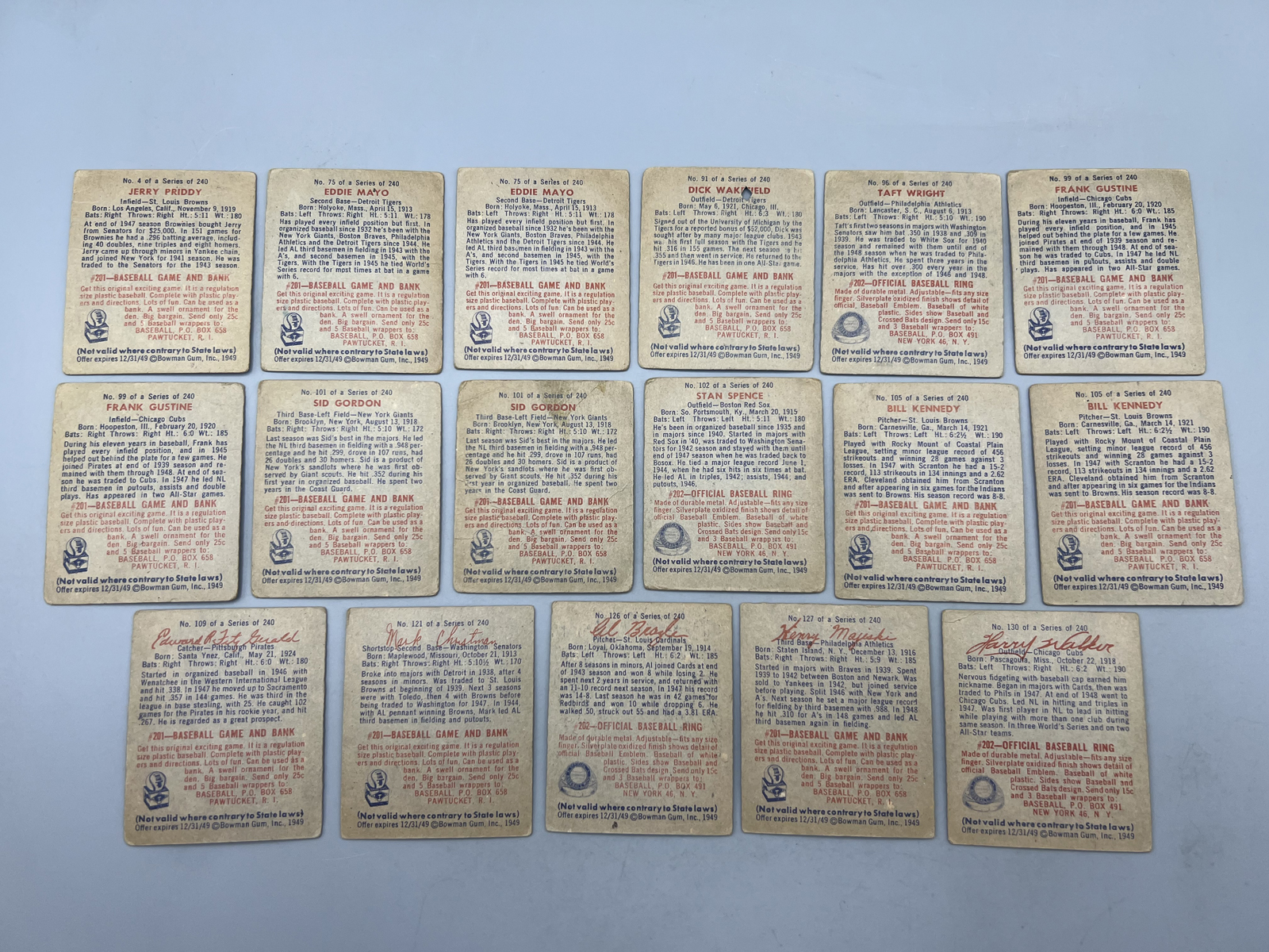 (17) 1949 Bowman Baseball Cards W/ Some Duplication - Varying Conditions