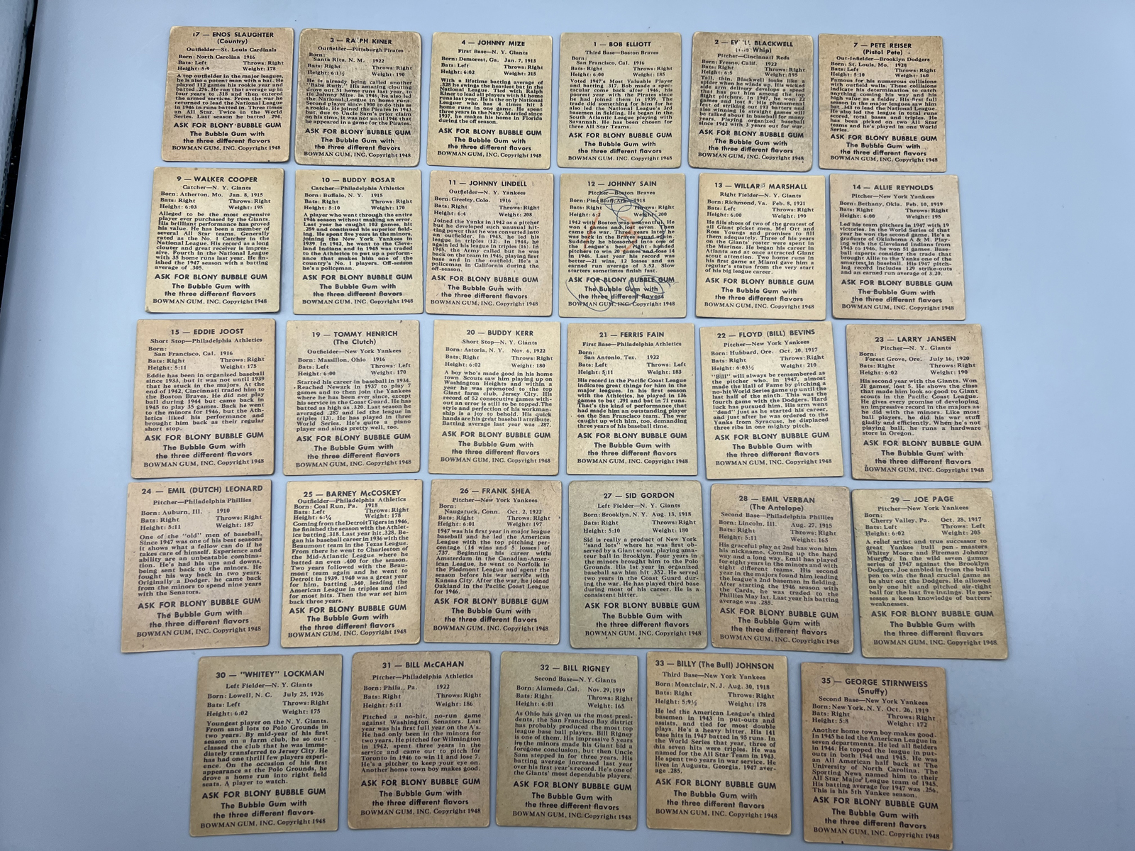 (29 Card) 1948 Bowman Baseball Partial Set W/ Enos Slaughter RC, Ralph Kiner RC, Johnny Mize RC, SPs, & More - Most Cards Appear To Be Lower