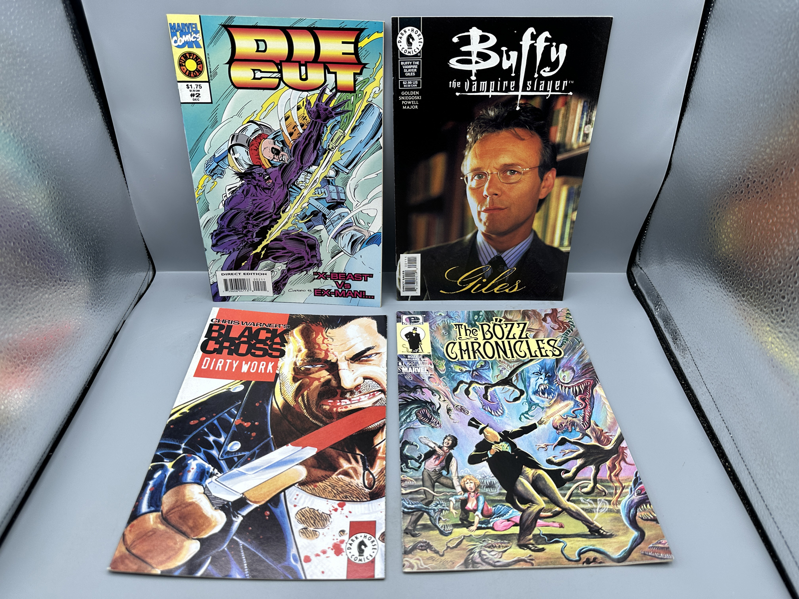Marvel UK, Dark Horse, and Epic Comics lot of 4 comics including Buffy: Giles #1 (2000), Die-Cut #2 (1993), Black Cross #1 (1997), and The B