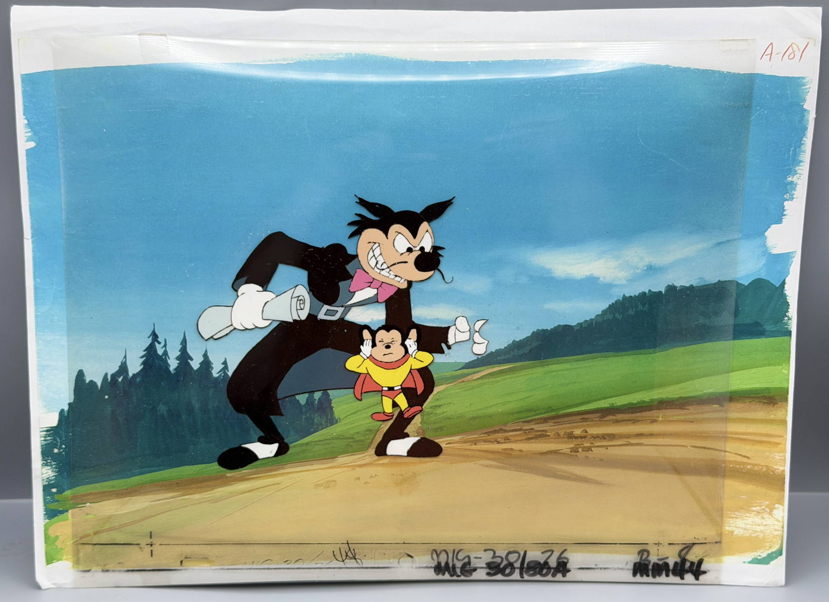 1979-80 Filmation Mighty Mouse & Oil Can Harry Original Hand-Painted Animation Cel Composite Setup - the background picture is a non-origina