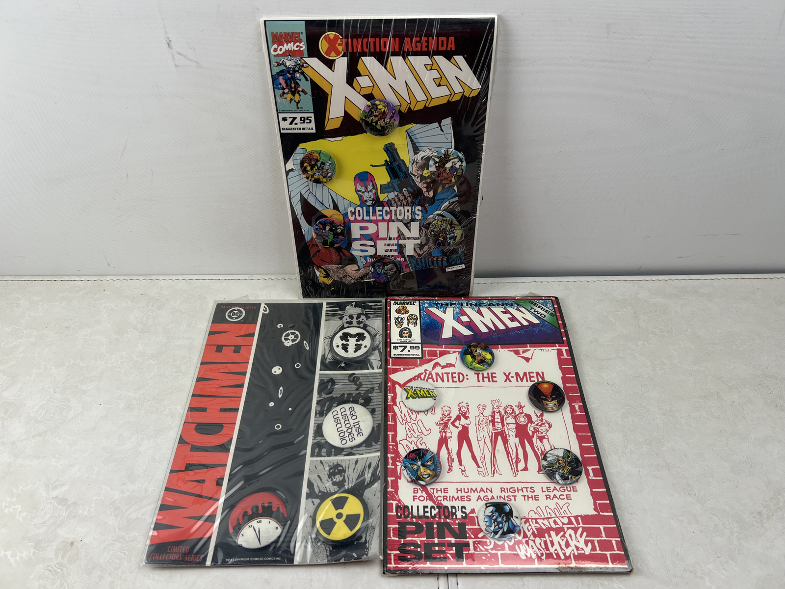 Marvel and DC Comics X-Men & Watchmen Sealed Collector Pin Sets, 1986-1990