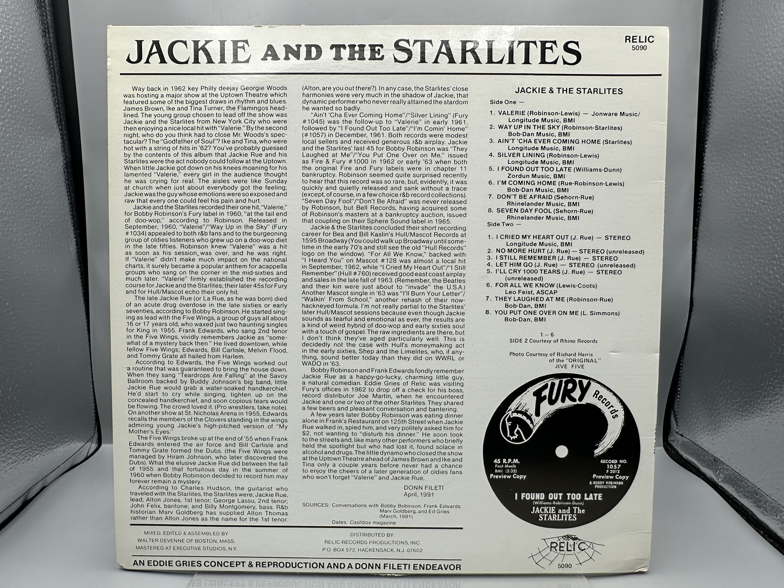 1991 Relic Records Jackie And The Starlites Featuring Jackie Rue Singing Vinyl Album - L.P. #5090